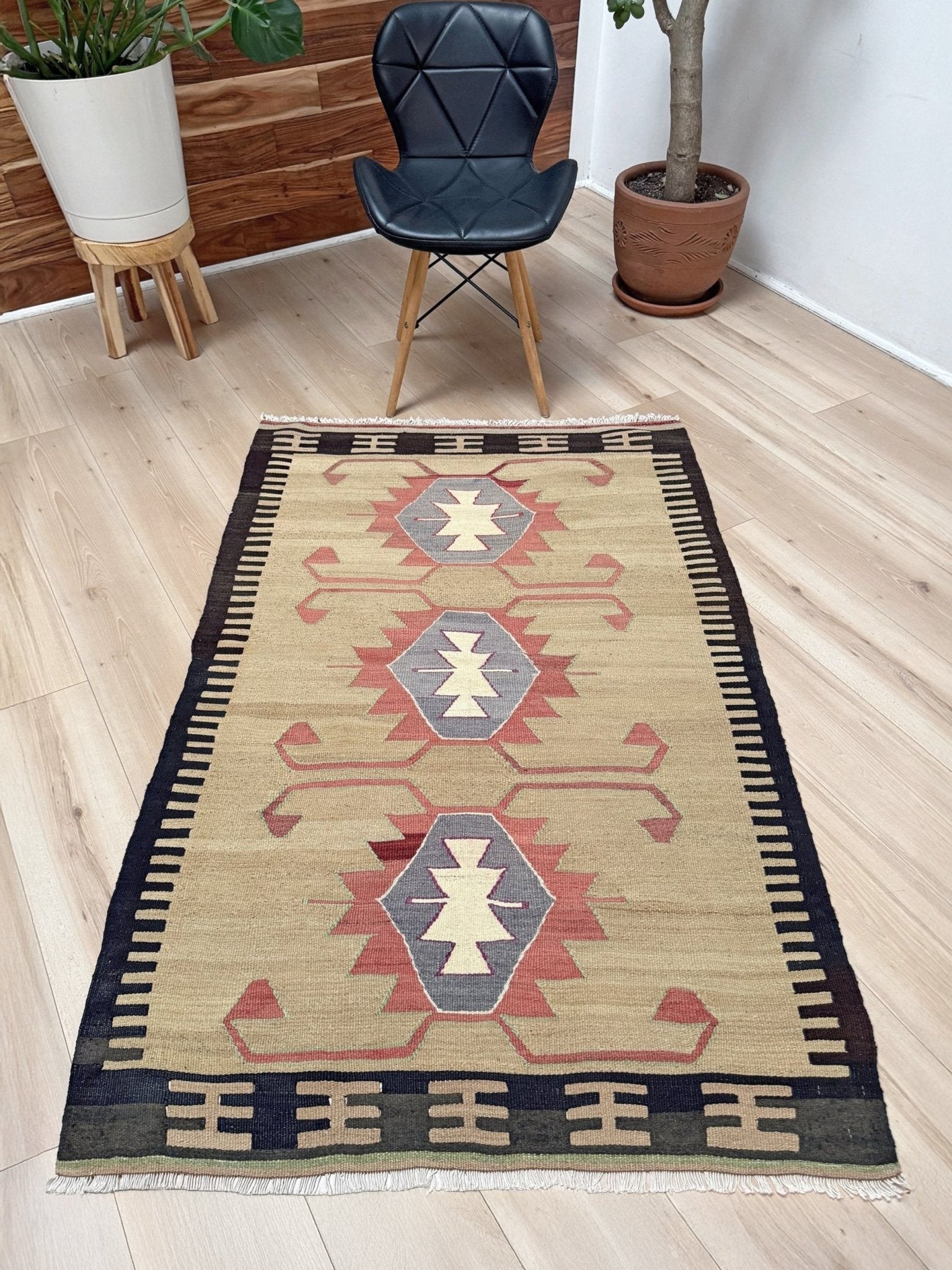 Vintage Mut kilim rug 3x5 in sage beige, brick red, and charcoal brown — hand-woven Turkish flatweave from 1970s, sold by Indigo Rugs in Burlingame / San Francisco Bay Area.