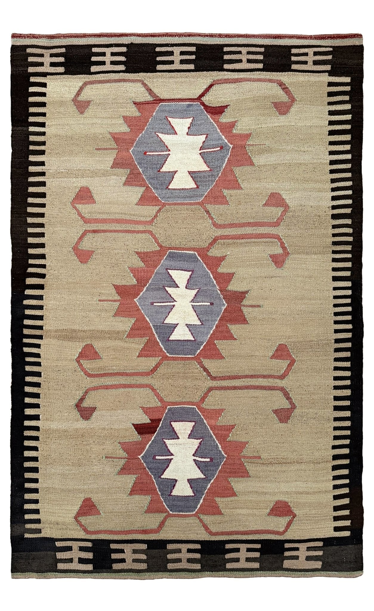 Vintage Mut kilim rug 3x5 in sage beige, brick red, and charcoal brown — hand-woven Turkish flatweave from 1970s, sold by Indigo Rugs in Burlingame / San Francisco Bay Area.