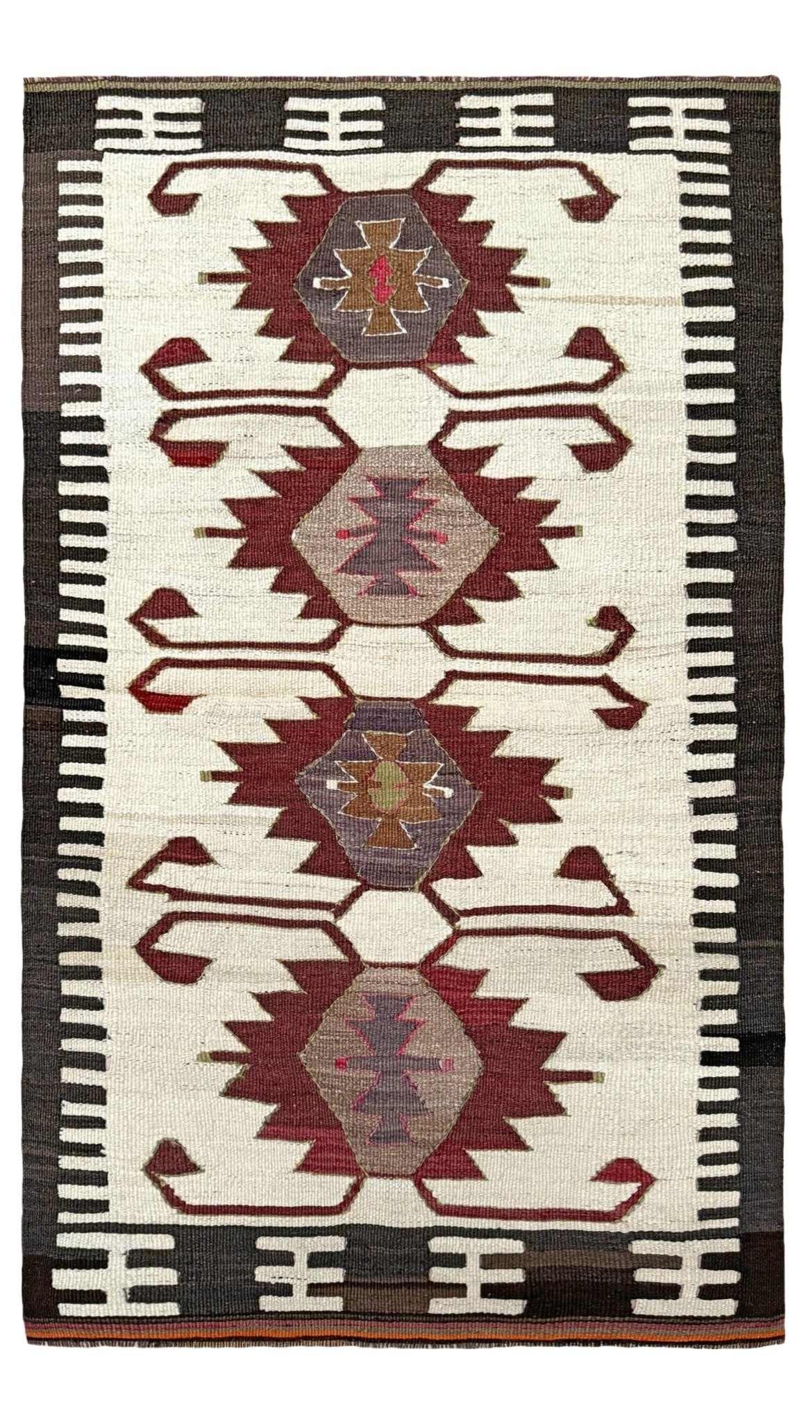 Vintage Mut kilim rug 3x5 handmade Turkish flatweave — geometric tribal design — wall hanging — best rug shop San Francisco Bay Area Burlingame CA. Handmade rug with earthy colors for living room, bedroom, kitchen, study.