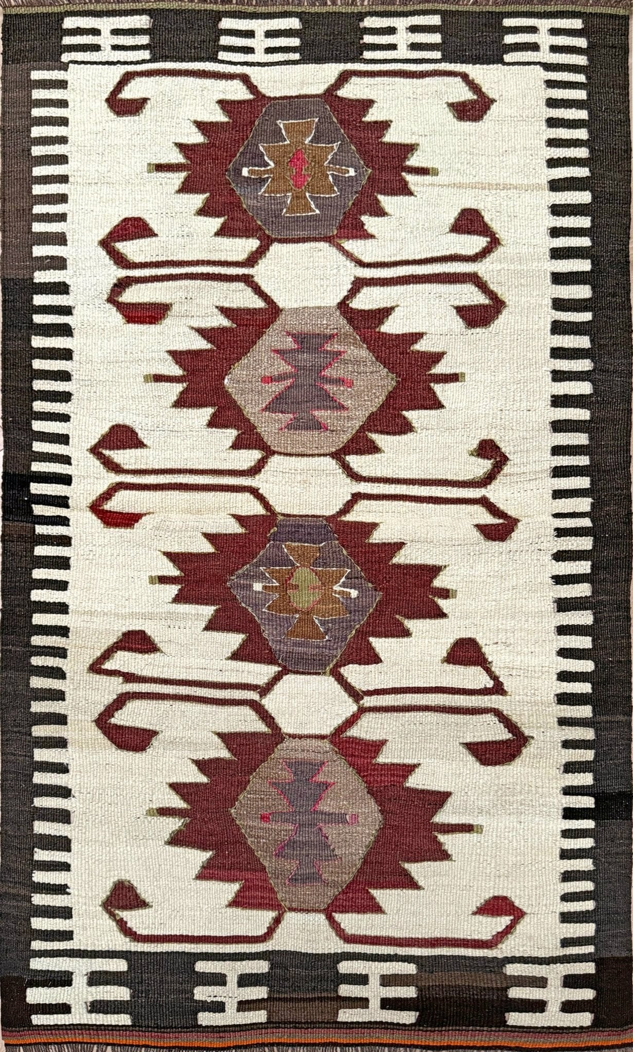 Vintage Mut kilim rug 2x5 handmade Turkish flatweave — geometric tribal design — wall hanging — best rug shop San Francisco Bay Area Burlingame CA. Handmade rug with earth color for living room, bedroom, kitchen, study.