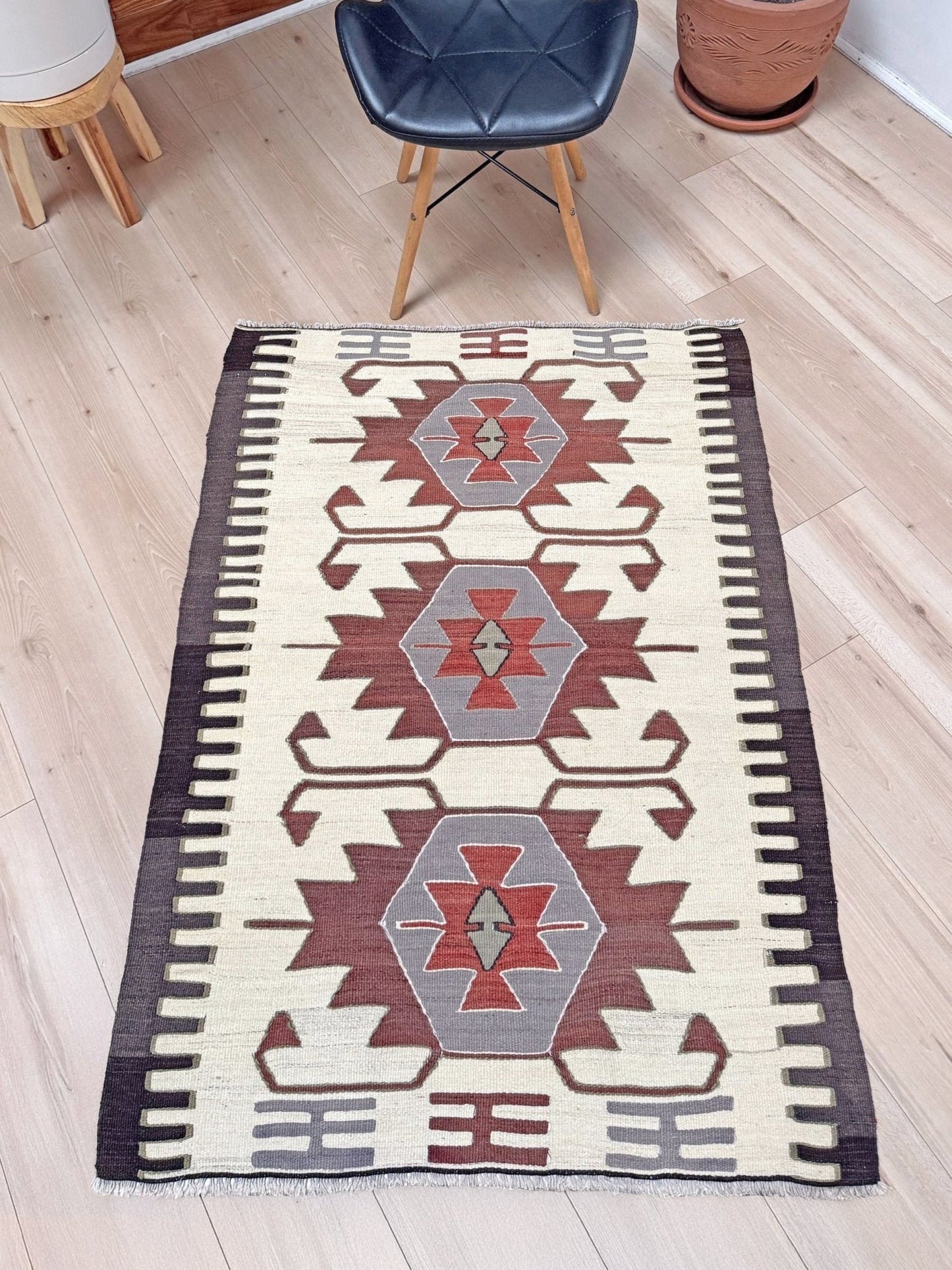 Vintage Mut Kilim 3x5 Navajo-style Turkish flatweave rug in brick red, taupe, and ivory geometric pattern — handmade wool tribal rug for entryway, kitchen, or wall hanging — Indigo Rugs Burlingame CA