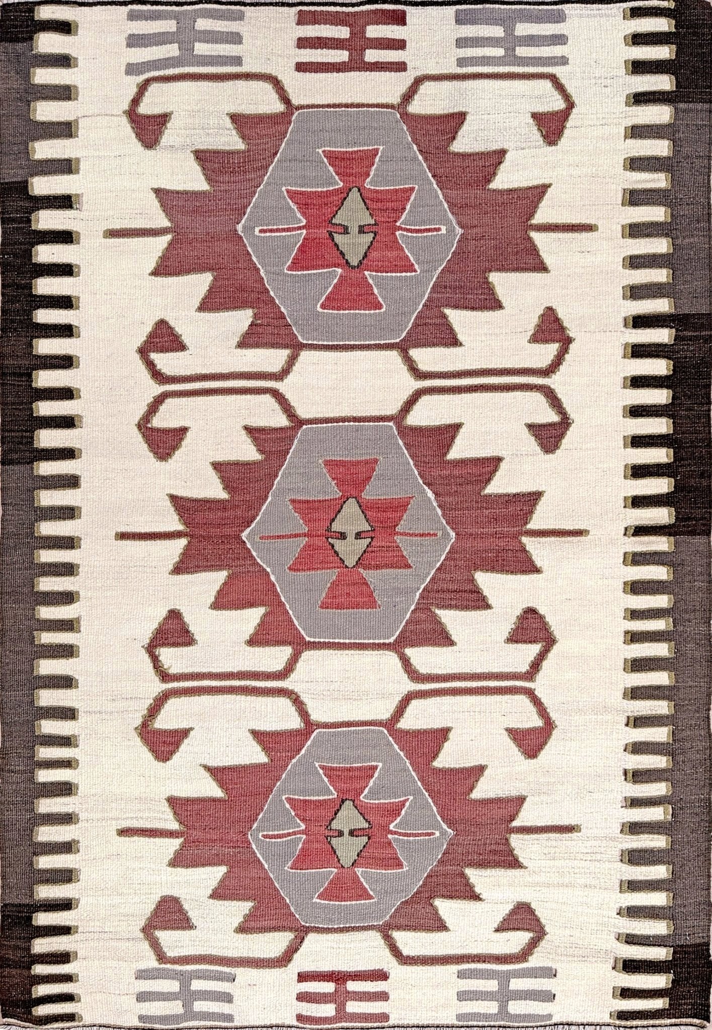 Vintage Mut Kilim 3x5 Navajo-style Turkish flatweave rug in brick red, taupe, and ivory geometric pattern — handmade wool tribal rug for entryway, kitchen, or wall hanging — Indigo Rugs Burlingame CA
