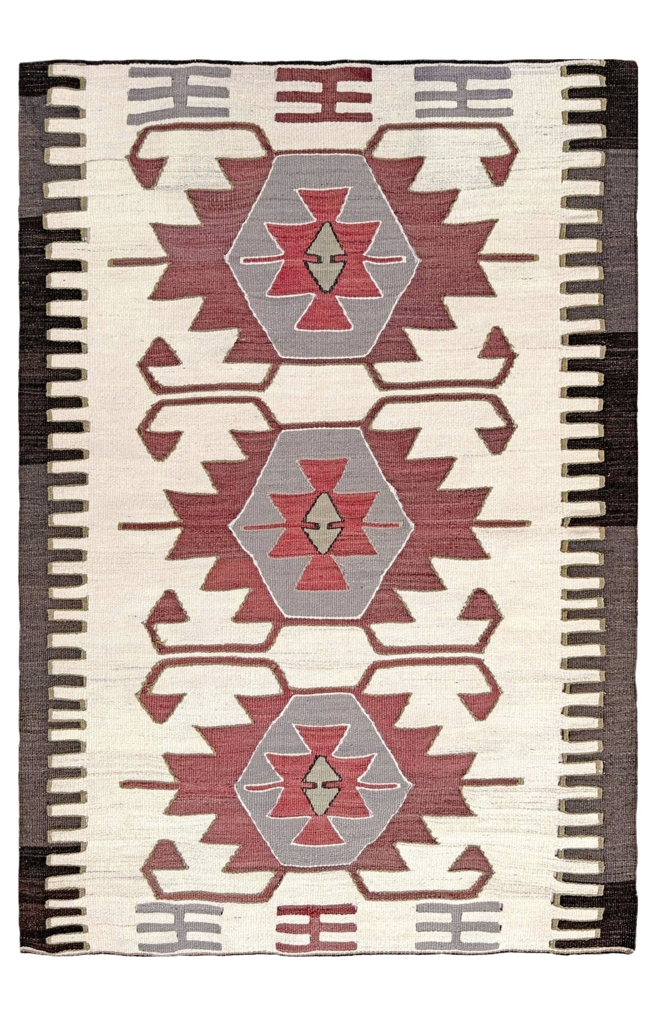 Vintage Mut Kilim 3x5 Navajo-style Turkish flatweave rug in brick red, taupe, and ivory geometric pattern — handmade wool tribal rug for entryway, kitchen, or wall hanging — Indigo Rugs Burlingame CA