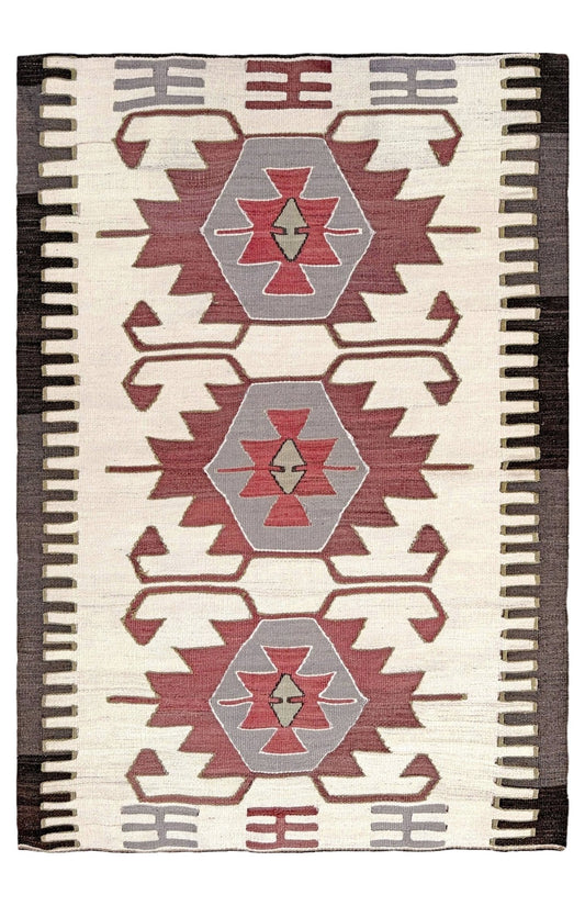 Vintage Mut Kilim 3x5 Navajo-style Turkish flatweave rug in brick red, taupe, and ivory geometric pattern — handmade wool tribal rug for entryway, kitchen, or wall hanging — Indigo Rugs Burlingame CA