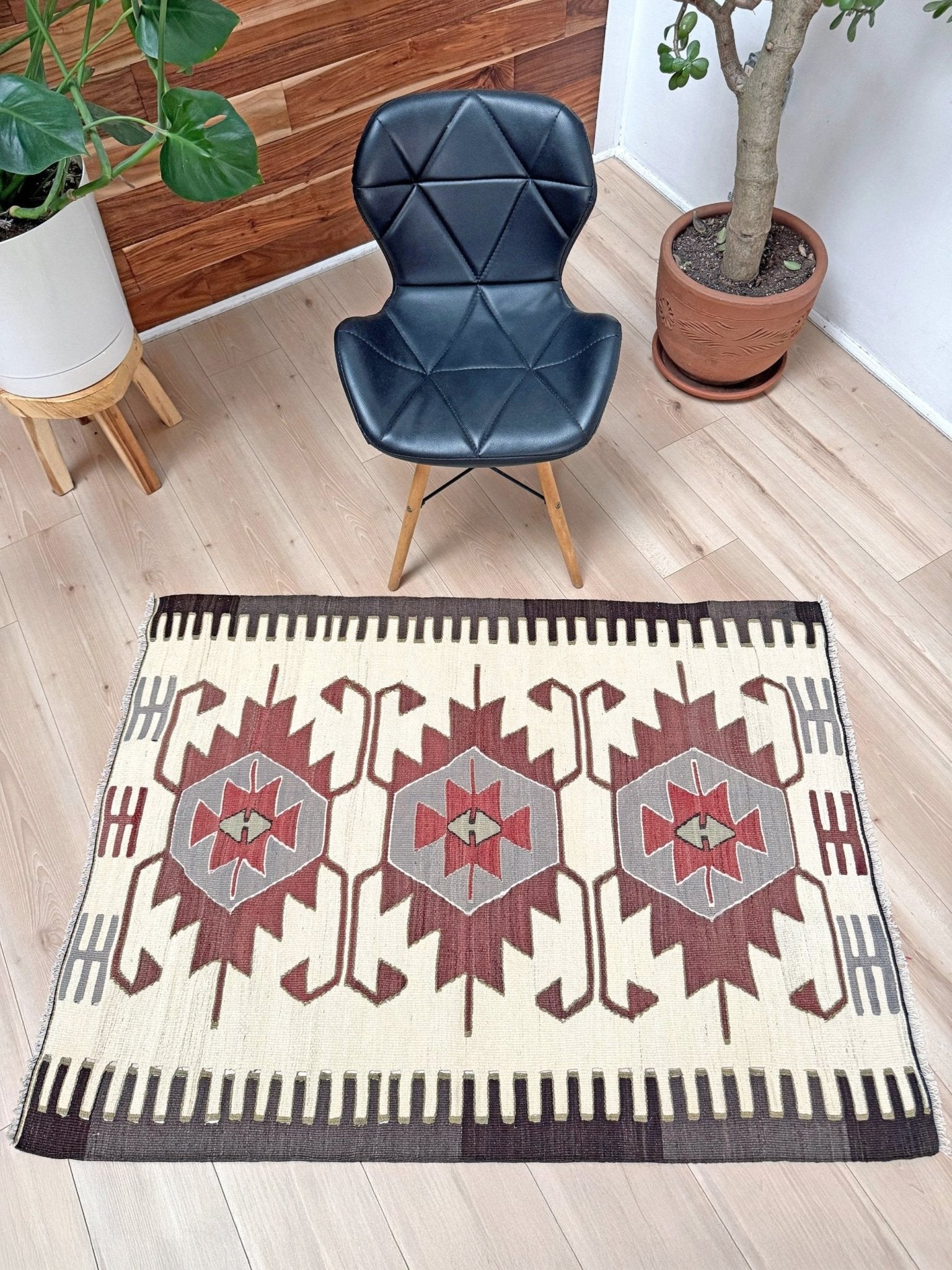 Vintage Mut Kilim 3x5 Navajo-style Turkish flatweave rug in brick red, taupe, and ivory geometric pattern — handmade wool tribal rug for entryway, kitchen, or wall hanging — Indigo Rugs Burlingame CA
