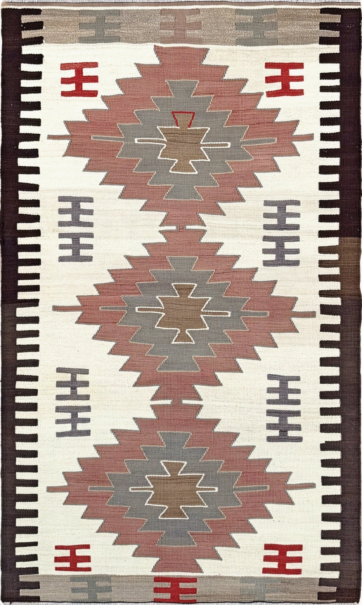 Vintage Mut kilim rug 3x5 in ivory, and rose — handmade Turkish flatweave rug wall art living room kitchen bedroom study sold by Indigo Rugs, Burlingame CA / San Francisco Bay Area.