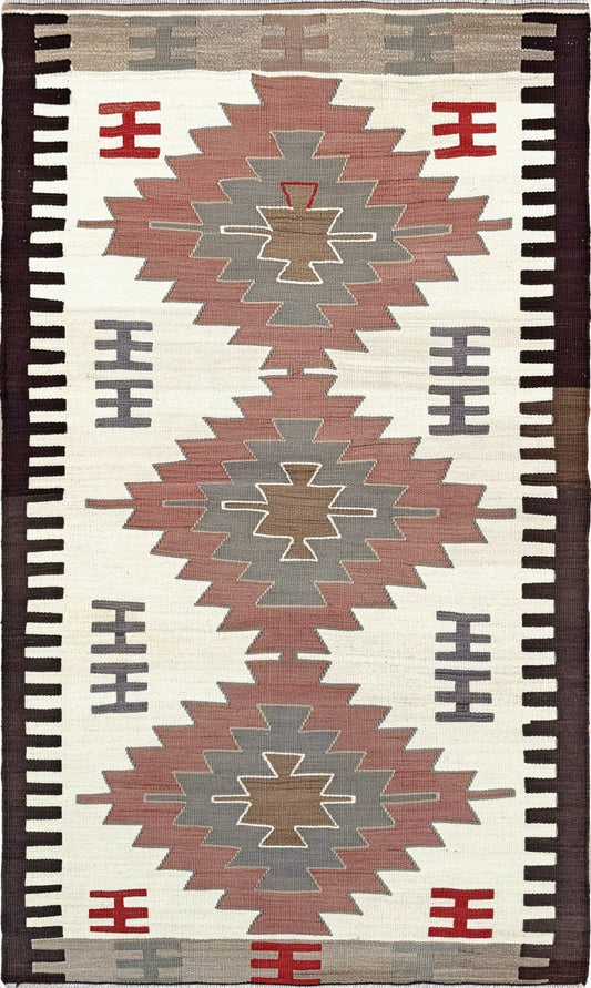 Vintage Mut kilim rug 3x5 in ivory, and rose — handmade Turkish flatweave rug wall art living room kitchen bedroom study sold by Indigo Rugs, Burlingame CA / San Francisco Bay Area.