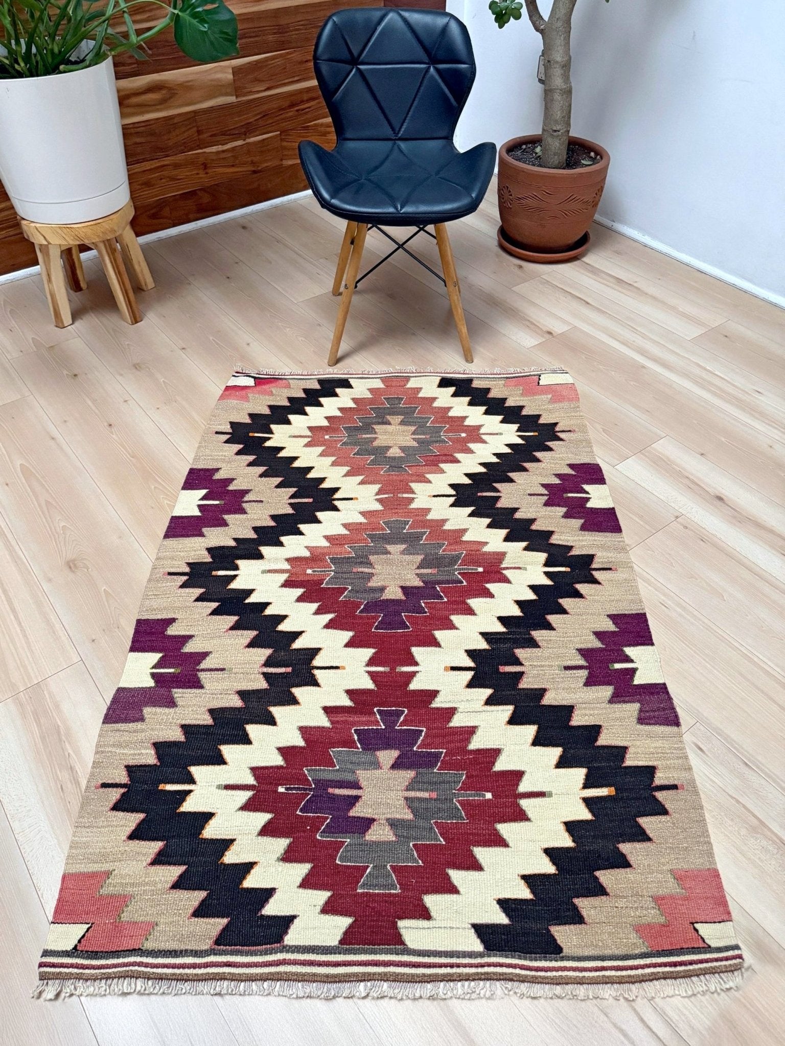 Vintage Mut kilim rug 3x5 handmade Turkish flatweave — Navajo style geometric pattern — wall hanging — best rug shop San Francisco Bay Area Burlingame CA
