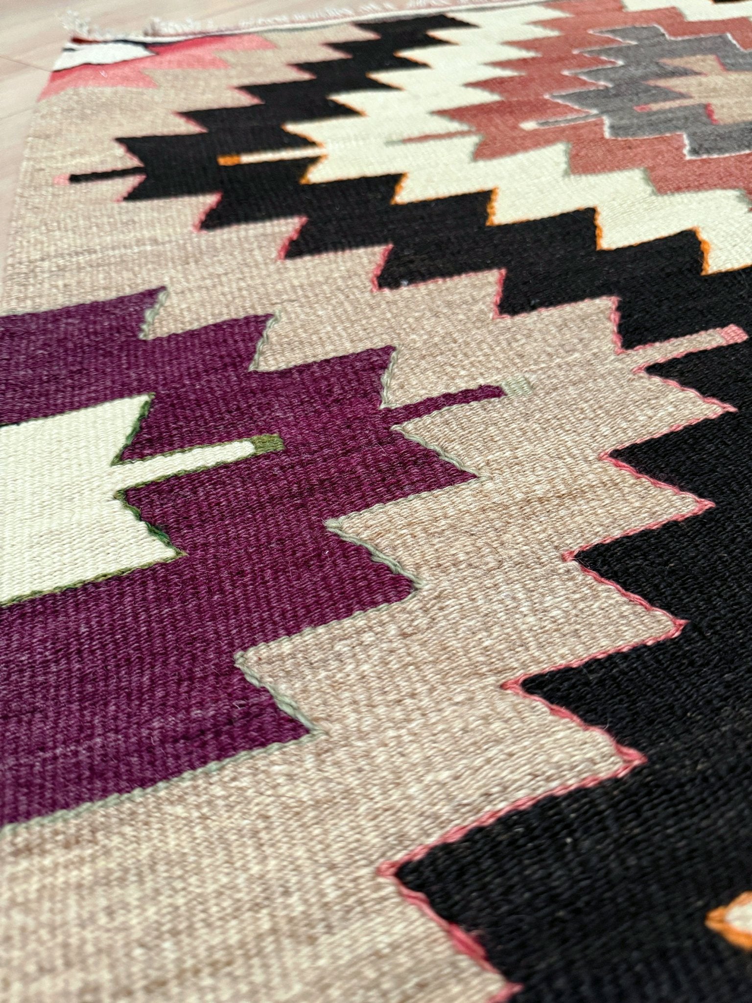 Vintage Mut kilim rug 3x5 handmade Turkish flatweave — Navajo style geometric pattern — wall hanging — best rug shop San Francisco Bay Area Burlingame CA
