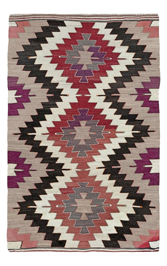 Vintage Mut kilim rug 3x5 handmade Turkish flatweave — Navajo style geometric pattern — wall hanging — best rug shop San Francisco Bay Area Burlingame CA