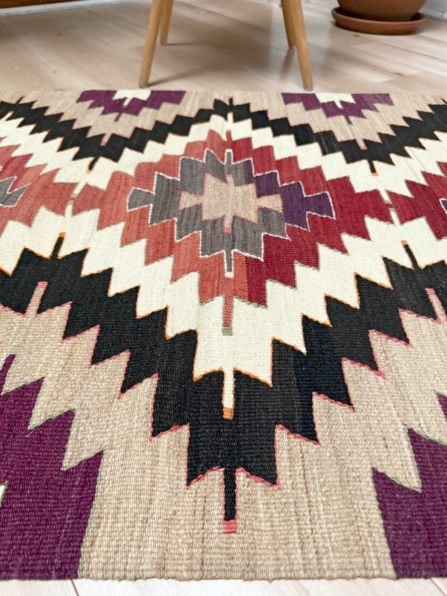 Vintage Mut kilim rug 3x5 handmade Turkish flatweave — Navajo style geometric pattern — wall hanging — best rug shop San Francisco Bay Area Burlingame CA