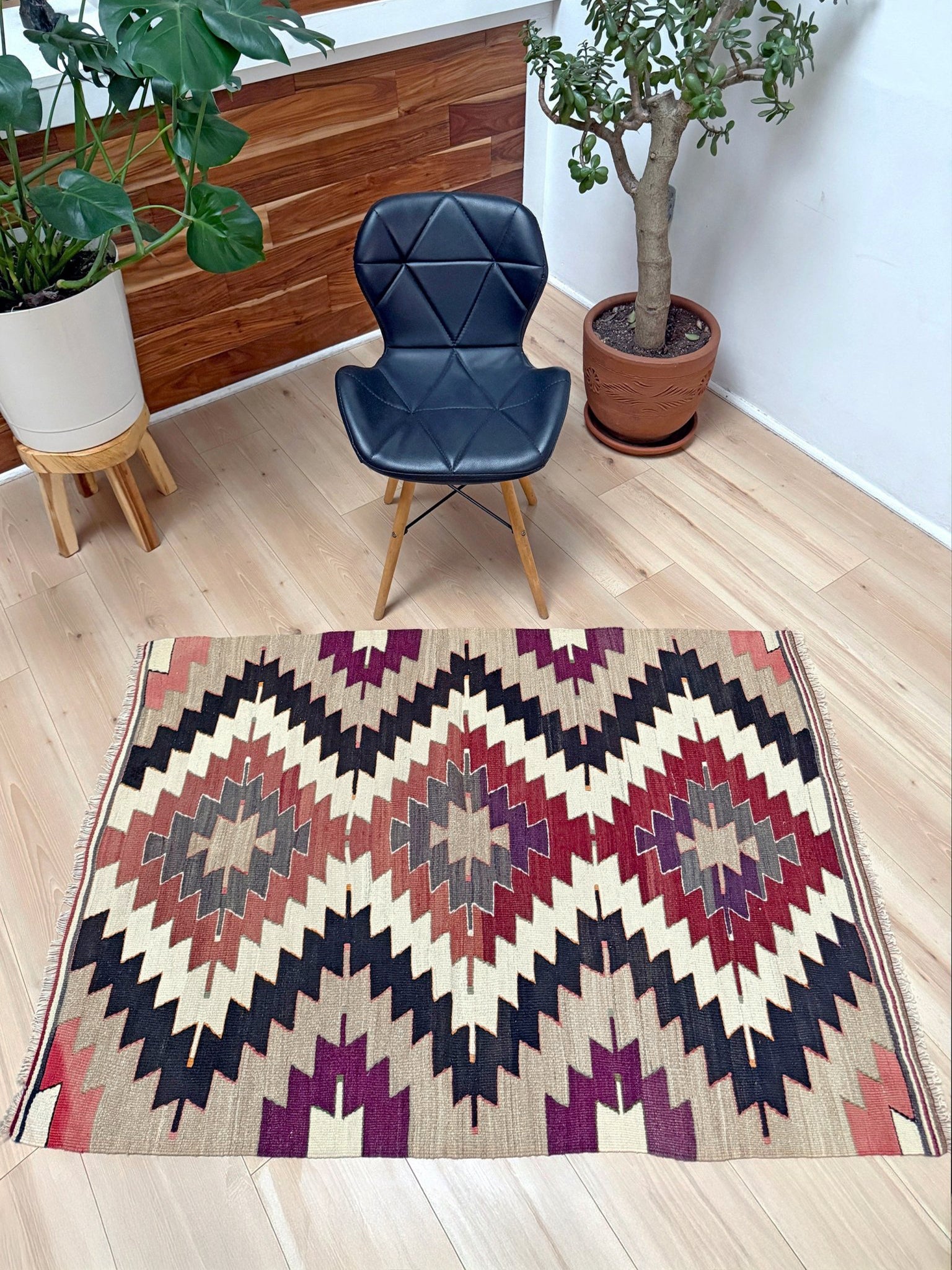 Vintage Mut kilim rug 3x5 handmade Turkish flatweave — Navajo style geometric pattern — wall hanging — best rug shop San Francisco Bay Area Burlingame CA