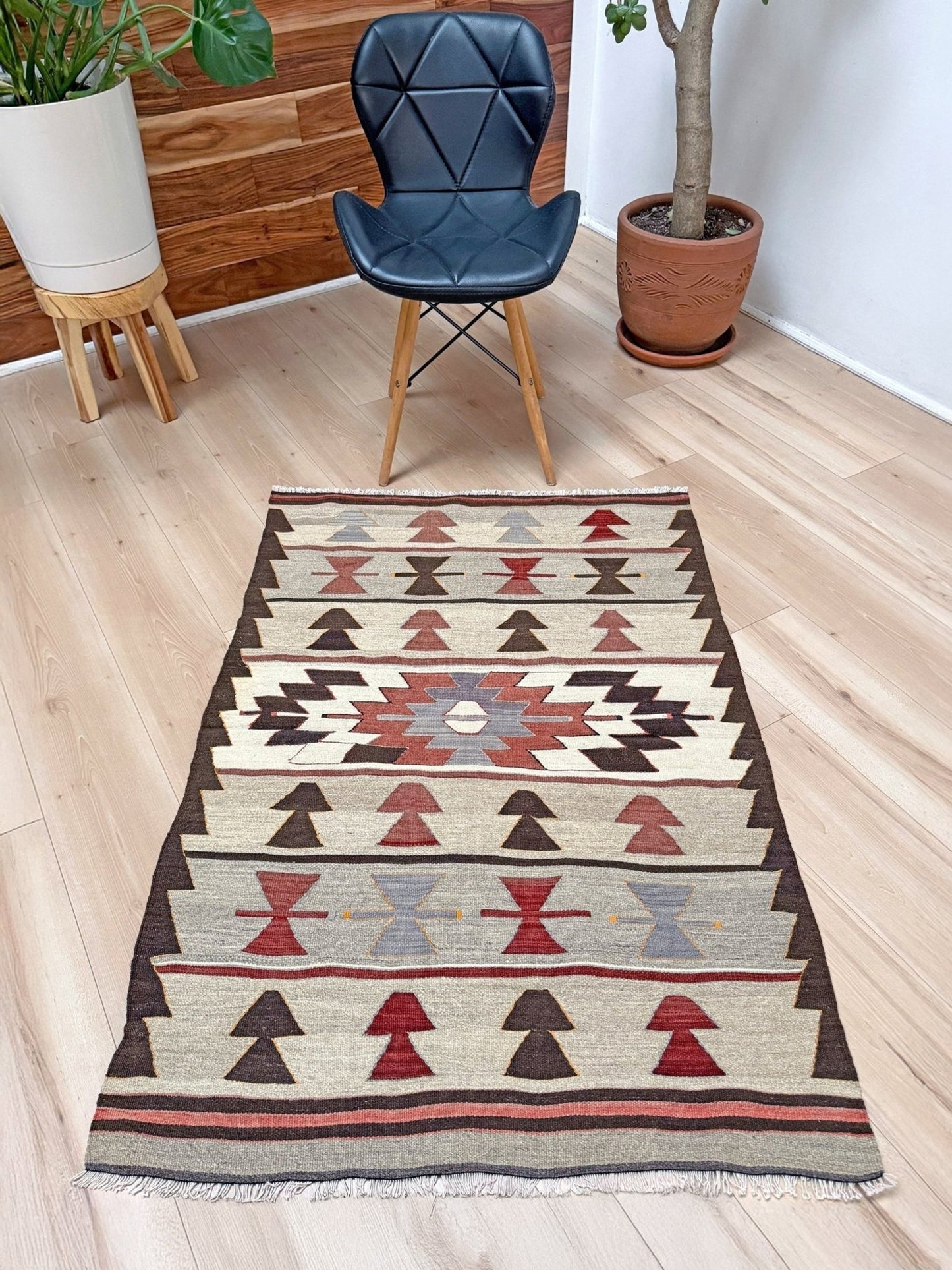 Vintage Mut kilim 3x4 tribal Navajo-style Turkish flatweave rug in taupe, rose, ivory, and brown — handmade wool accent rug for entryway, kitchen, or wall hanging — Indigo Rugs Burlingame CA