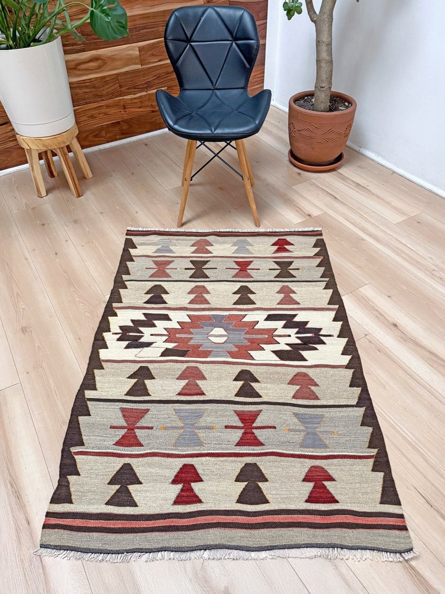 Vintage Mut kilim 3x4 tribal Navajo-style Turkish flatweave rug in taupe, rose, ivory, and brown — handmade wool accent rug for entryway, kitchen, or wall hanging — Indigo Rugs Burlingame CA