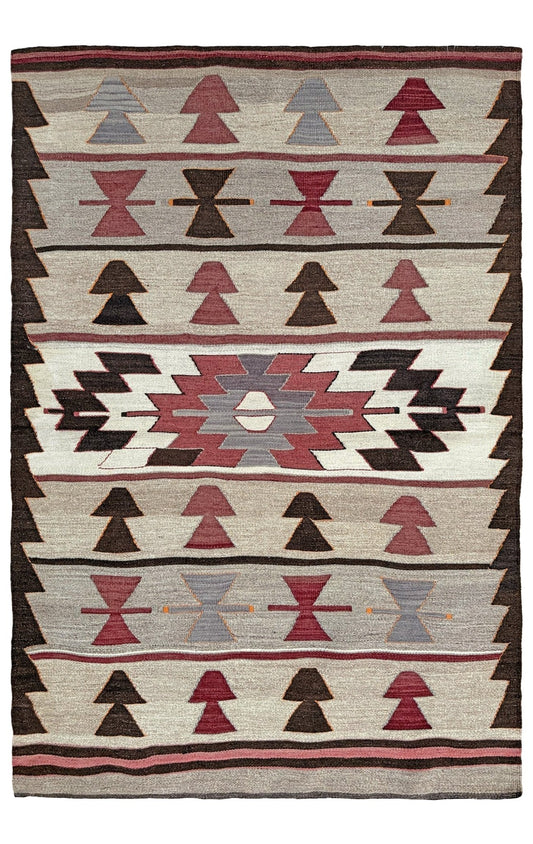 Vintage Mut kilim 3x4 tribal Navajo-style Turkish flatweave rug in taupe, rose, ivory, and brown — handmade wool accent rug for entryway, kitchen, or wall hanging — Indigo Rugs Burlingame CA