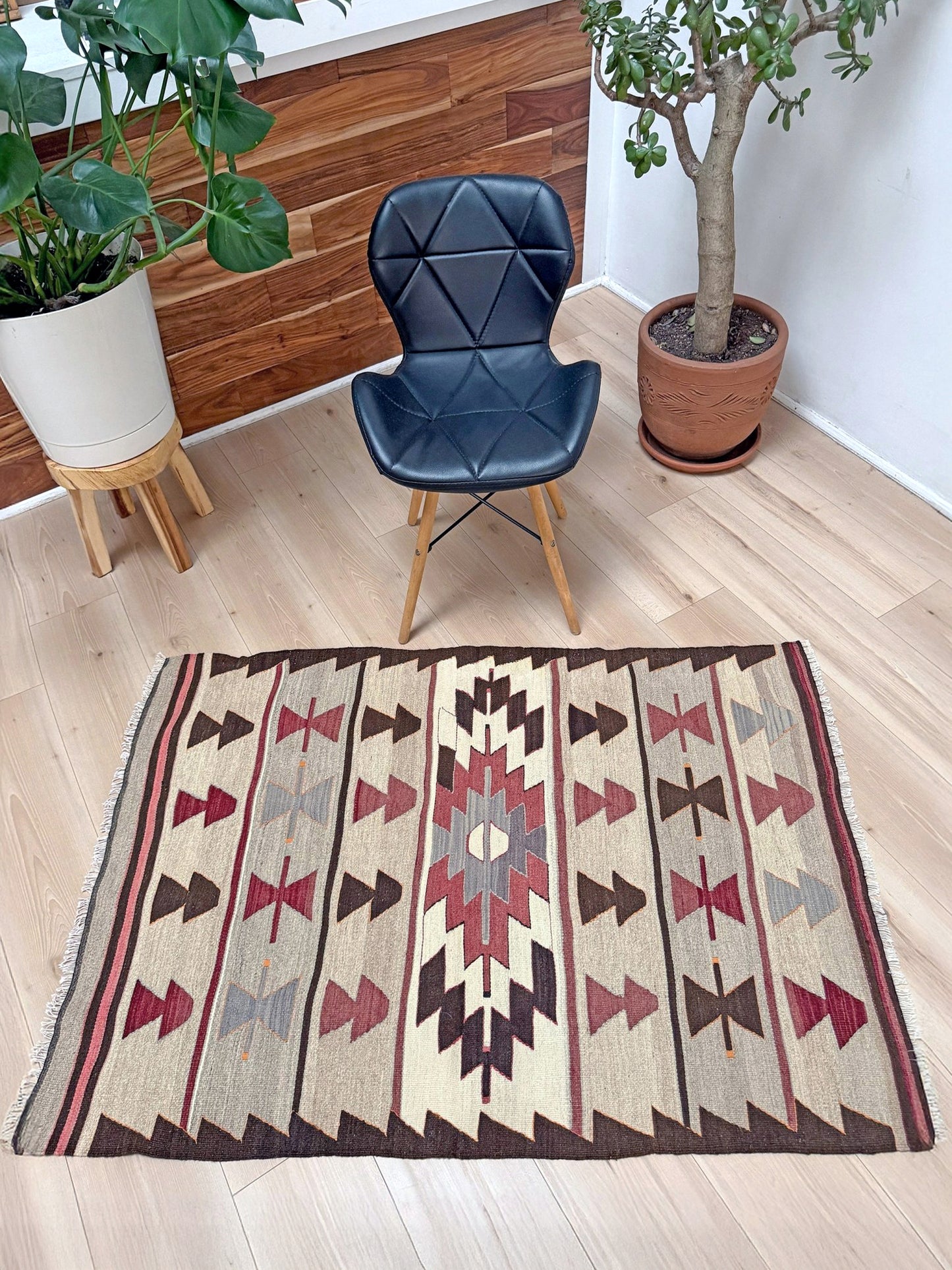 Vintage Mut kilim 3x4 tribal Navajo-style Turkish flatweave rug in taupe, rose, ivory, and brown — handmade wool accent rug for entryway, kitchen, or wall hanging — Indigo Rugs Burlingame CA