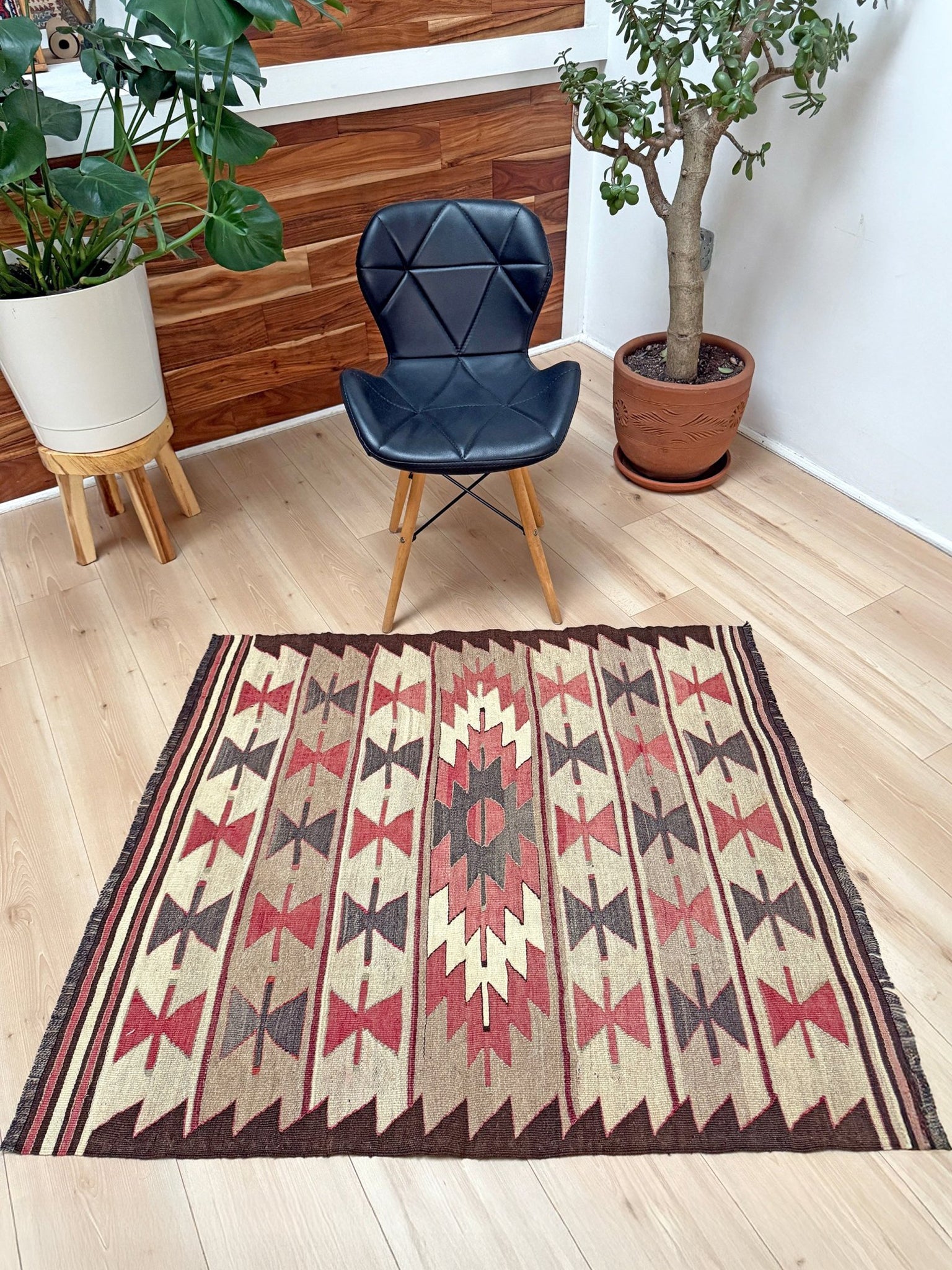 Vintage Mut kilim rug 3x4 with Navajo-style geometric medallions — handwoven reibal Turkish wool flatweave, available at Indigo Rugs, the best rug shop in San Francisco Bay Area, Burlingame CA.