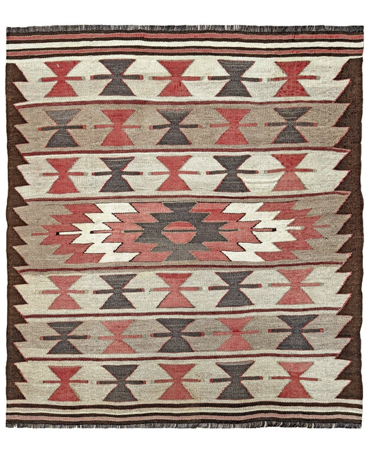 Earthy Vintage Mut kilim rug 3x4 with Navajo-style geometric medallions — handwoven tribal Turkish wool flatweave, available at Indigo Rugs, the best rug shop in San Francisco Bay Area, Burlingame CA.