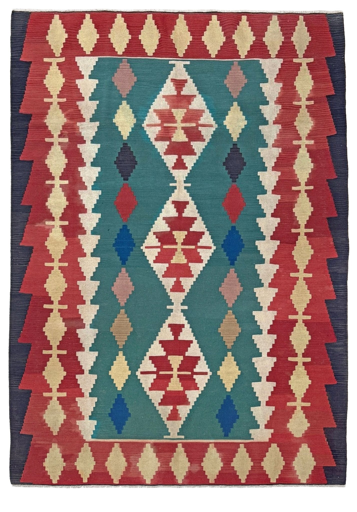 Vibrant Denizli vintage Turkish kilim rug with Southwestern geometric pattern, handmade wool flatweave 6x8 from Indigo Rugs Burlingame Bay Area.
