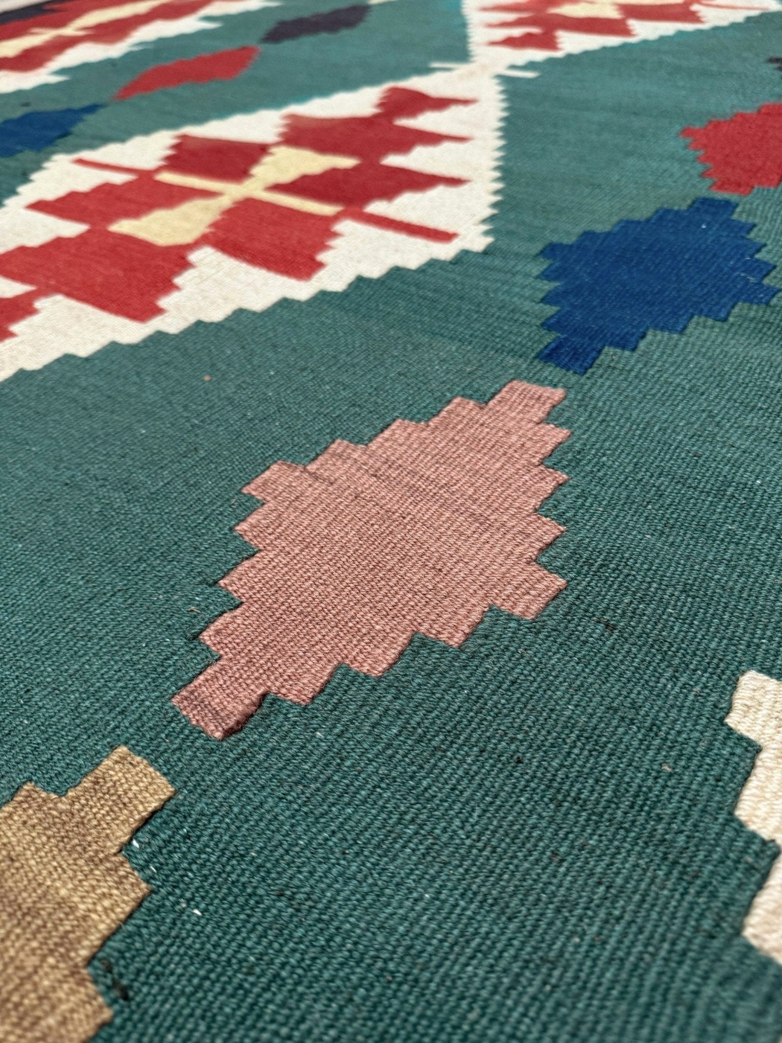 Vibrant Denizli vintage Turkish kilim rug with Southwestern geometric pattern, handmade wool flatweave 6x8 from Indigo Rugs Burlingame Bay Area.