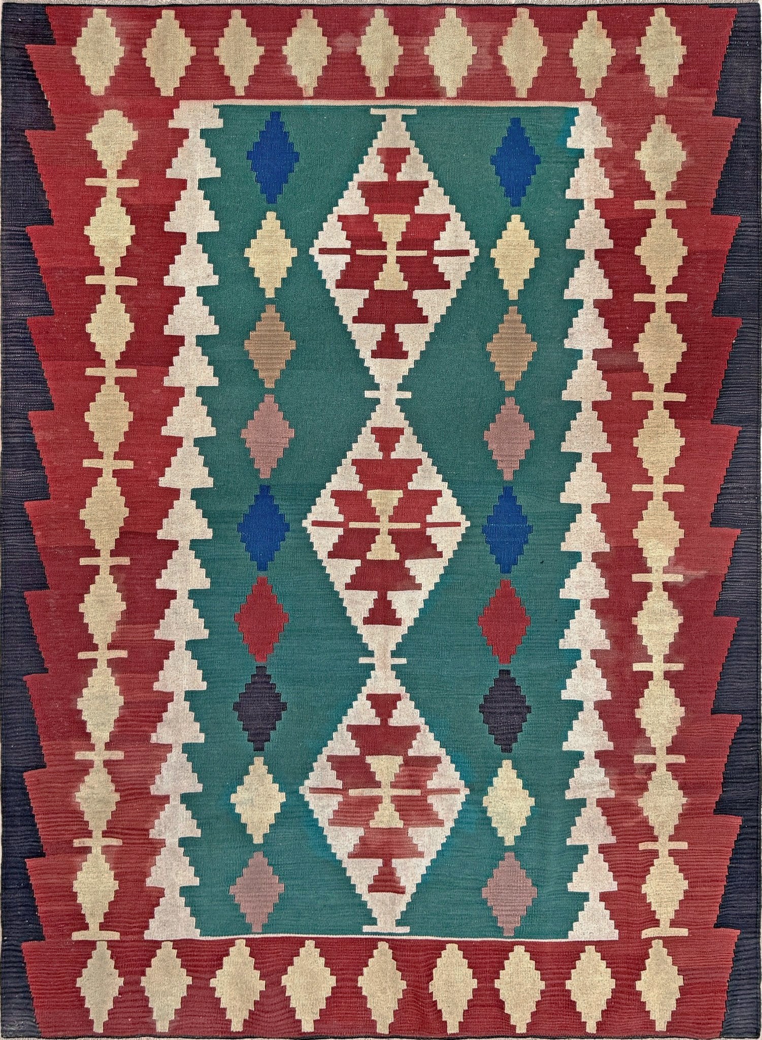 6x8 vintage Turkish kilim rug handmade wool, bold geometric design in teal green, brick red, and soft yellow, perfect for bedroom, living room, kitchen, or study — from best rug shop San Mateo SF Bay Area, free shipping.