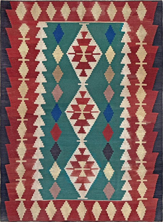 6x8 vintage Turkish kilim rug handmade wool, bold geometric design in teal green, brick red, and soft yellow, perfect for bedroom, living room, kitchen, or study — from best rug shop San Mateo SF Bay Area, free shipping.