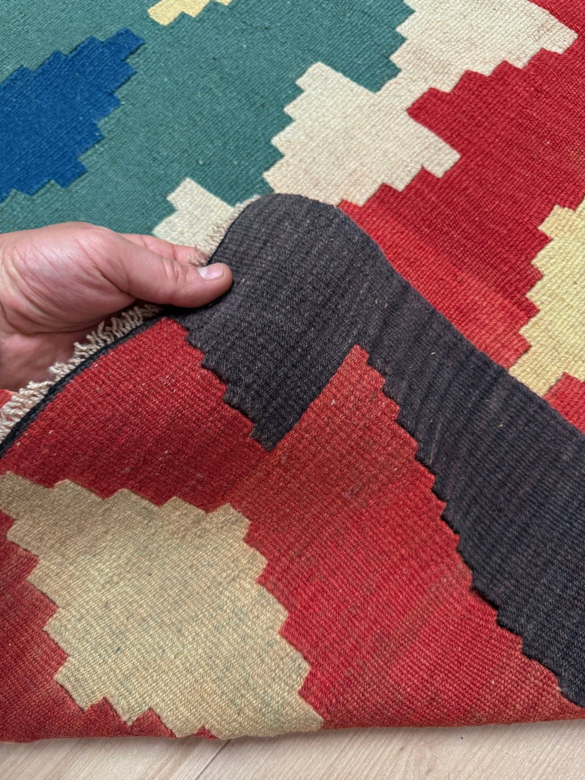 Vibrant Denizli vintage Turkish kilim rug with Southwestern geometric pattern, handmade wool flatweave 6x8 from Indigo Rugs Burlingame Bay Area.