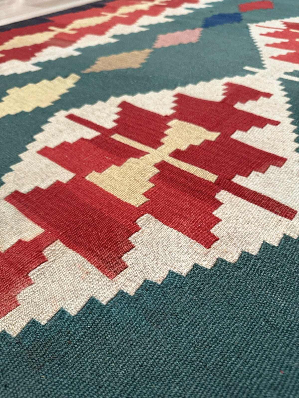 Vibrant Denizli vintage Turkish kilim rug with Southwestern geometric pattern, handmade wool flatweave 6x8 from Indigo Rugs Burlingame Bay Area.
