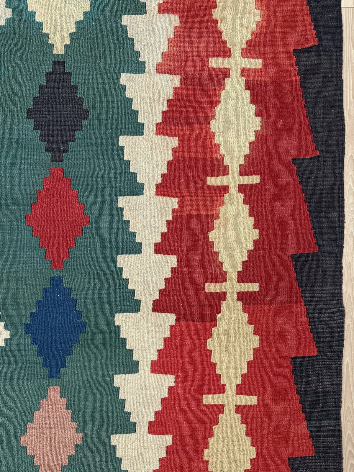 Vibrant Denizli vintage Turkish kilim rug with Southwestern geometric pattern, handmade wool flatweave 6x8 from Indigo Rugs Burlingame Bay Area.