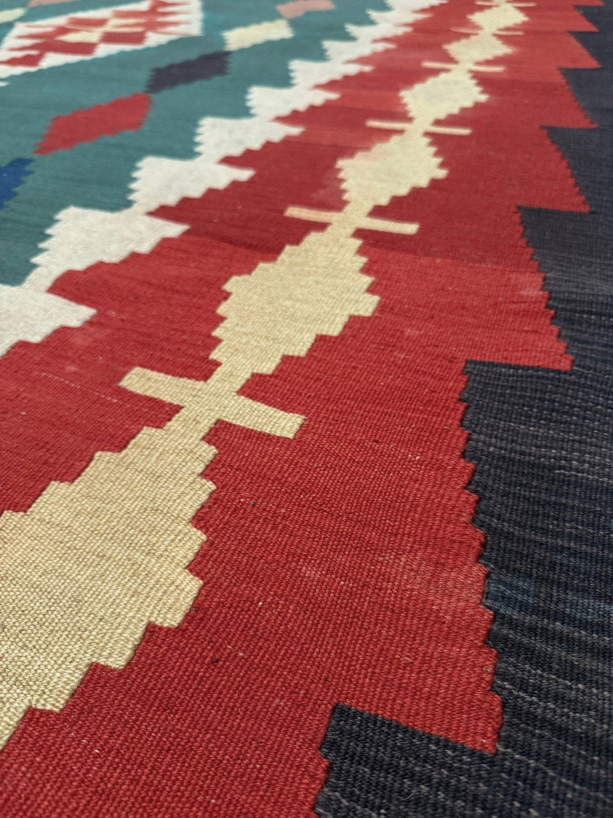 Vibrant Denizli vintage Turkish kilim rug with Southwestern geometric pattern, handmade wool flatweave 6x8 from Indigo Rugs Burlingame Bay Area.