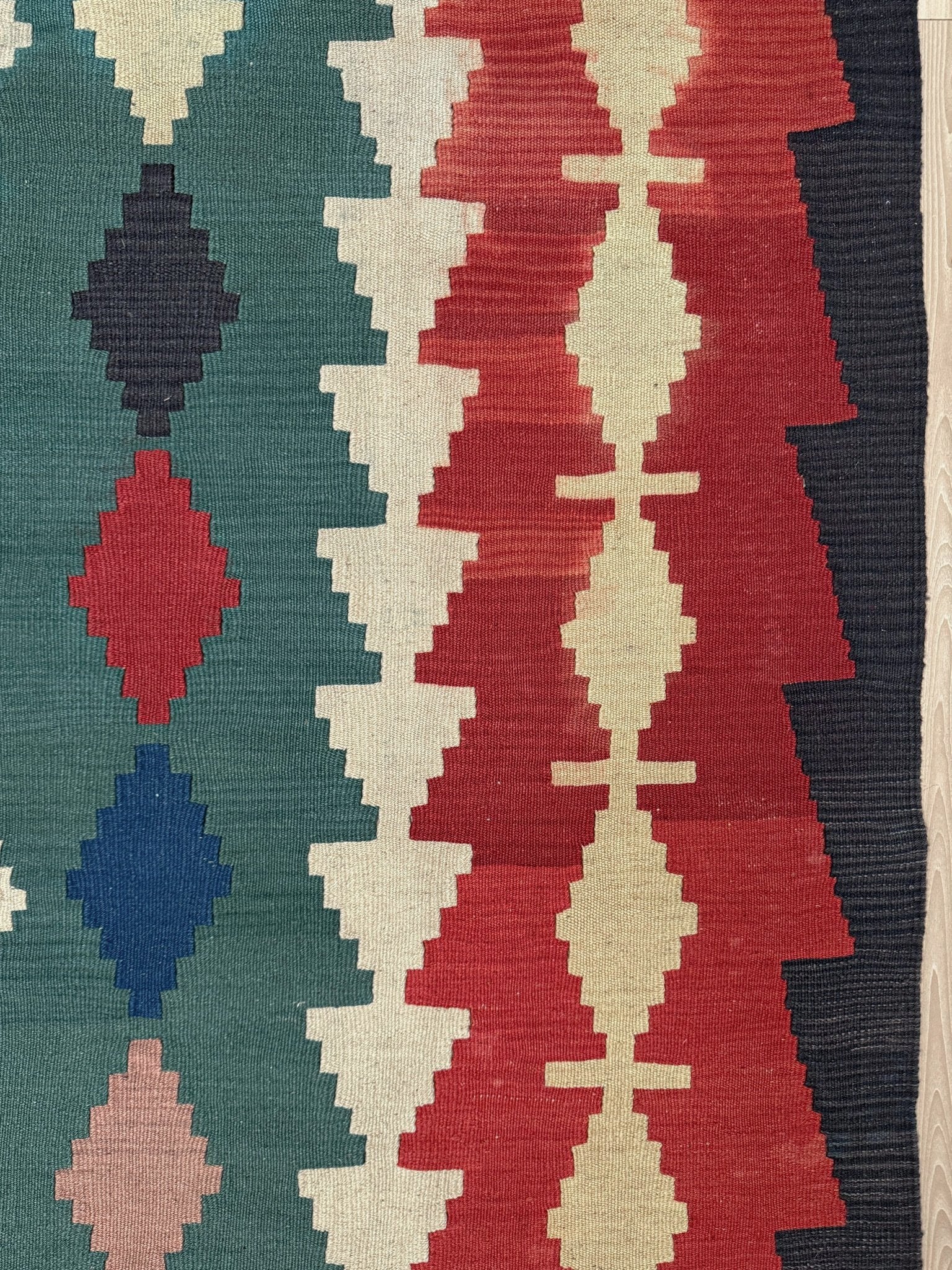 6x8 vintage Turkish kilim rug handmade wool, bold geometric design in teal green, brick red, and soft yellow, perfect for bedroom, living room, kitchen, or study — from best rug shop San Mateo SF Bay Area, free shipping.