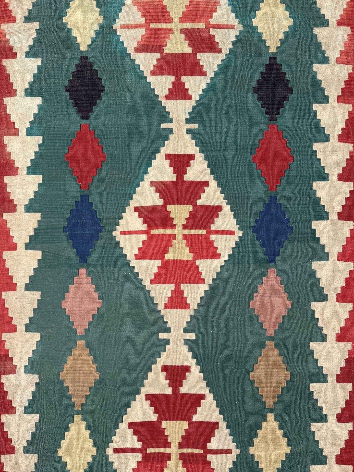 Vibrant Denizli vintage Turkish kilim rug with Southwestern geometric pattern, handmade wool flatweave 6x8 from Indigo Rugs Burlingame Bay Area.