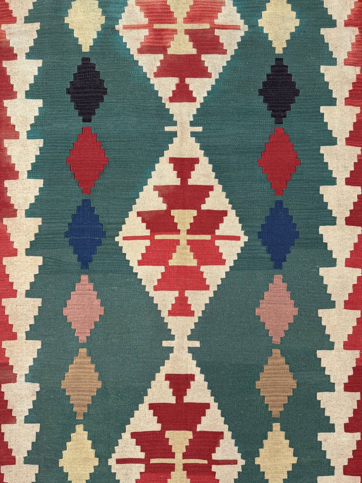 Vibrant Denizli vintage Turkish kilim rug with Southwestern geometric pattern, handmade wool flatweave 6x8 from Indigo Rugs Burlingame Bay Area.