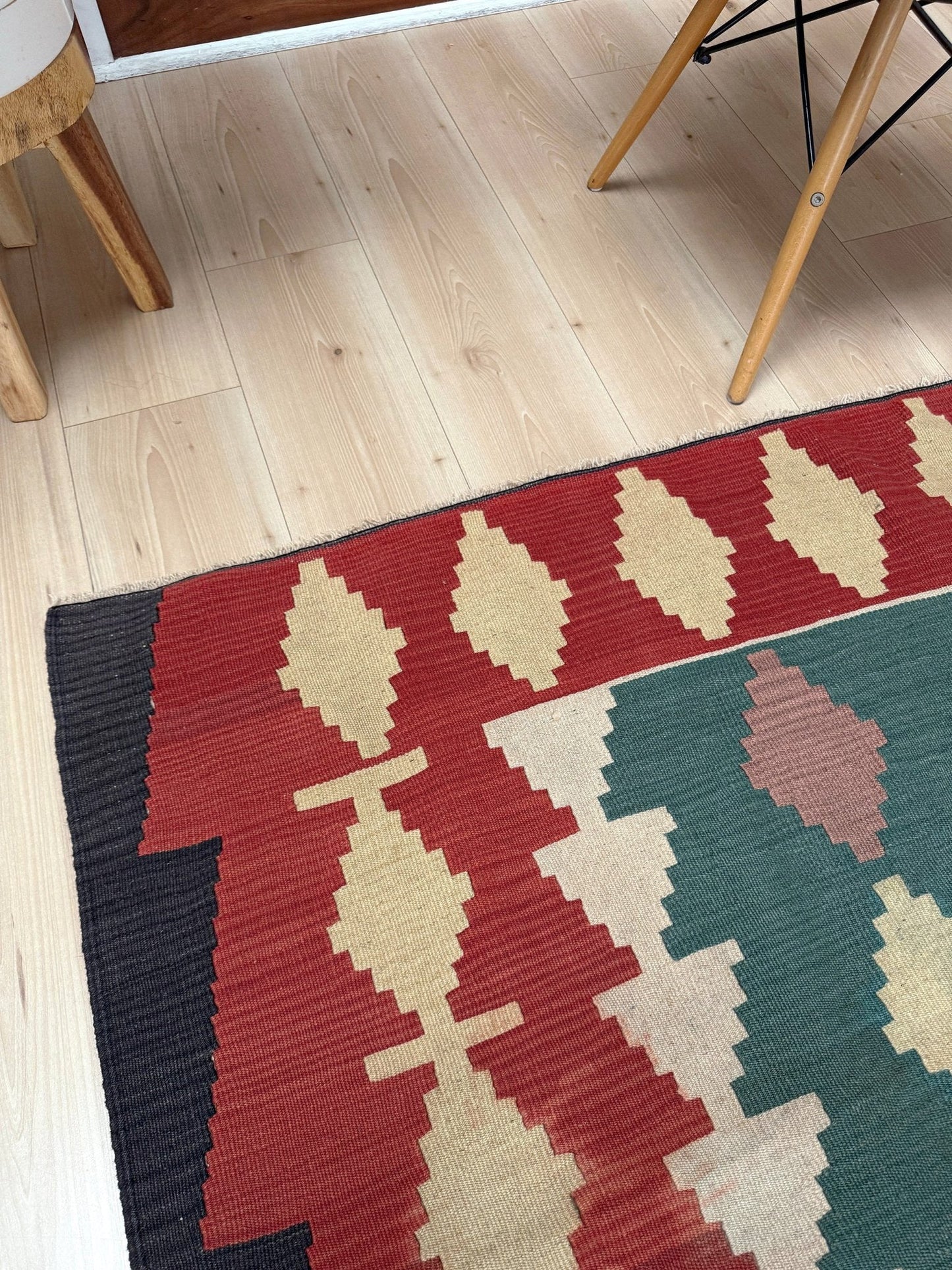 6x8 vintage Turkish kilim rug handmade wool, bold geometric design in teal green, brick red, and soft yellow, perfect for bedroom, living room, kitchen, or study — from best rug shop San Mateo SF Bay Area, free shipping.