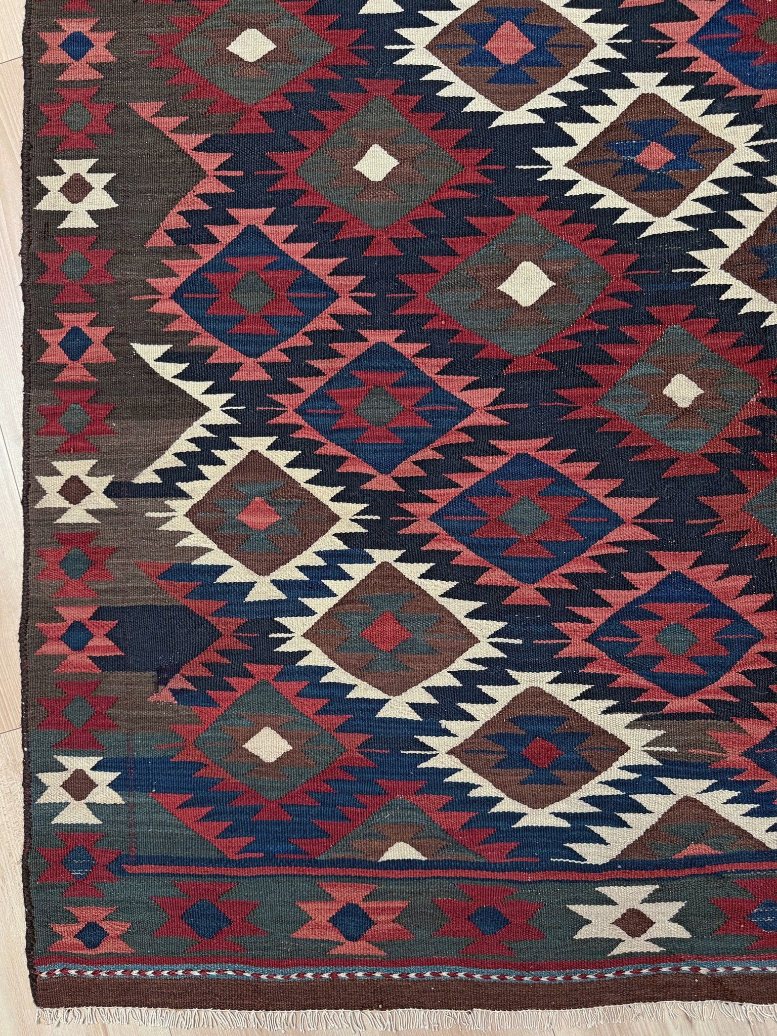 6x10 veramin vintage Persian kilim rug with bold geometric design in midnight blue, brick red, and ivory, handmade wool flatweave from 1950s, perfect for bedroom, living room, kitchen, or study, from best rug shop Burlingame SF Bay Area, free shipping included.