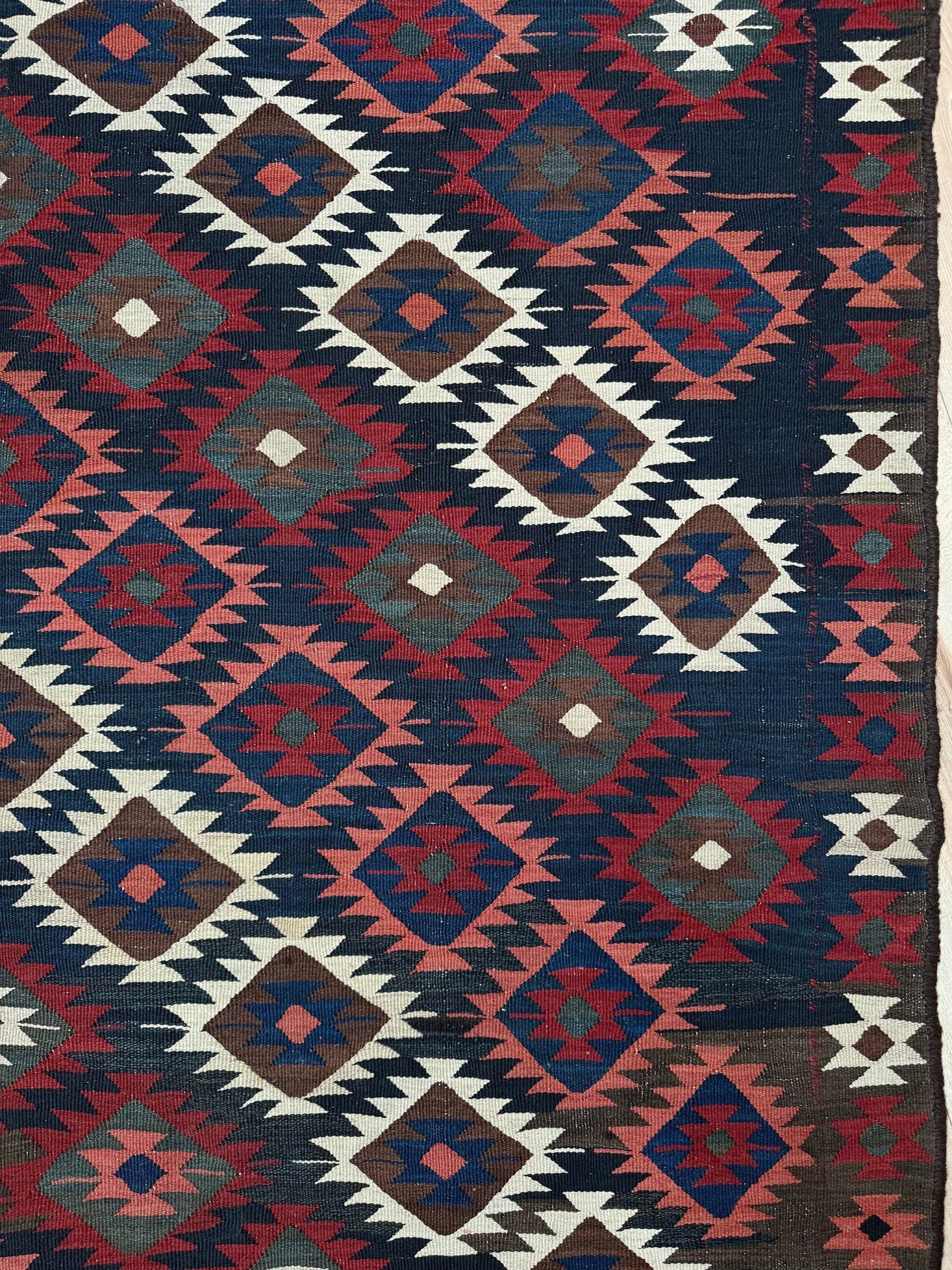 6x10 veramin vintage Persian kilim rug with bold geometric design in midnight blue, brick red, and ivory, handmade wool flatweave from 1950s, perfect for bedroom, living room, kitchen, or study, from best rug shop Burlingame SF Bay Area, free shipping included.