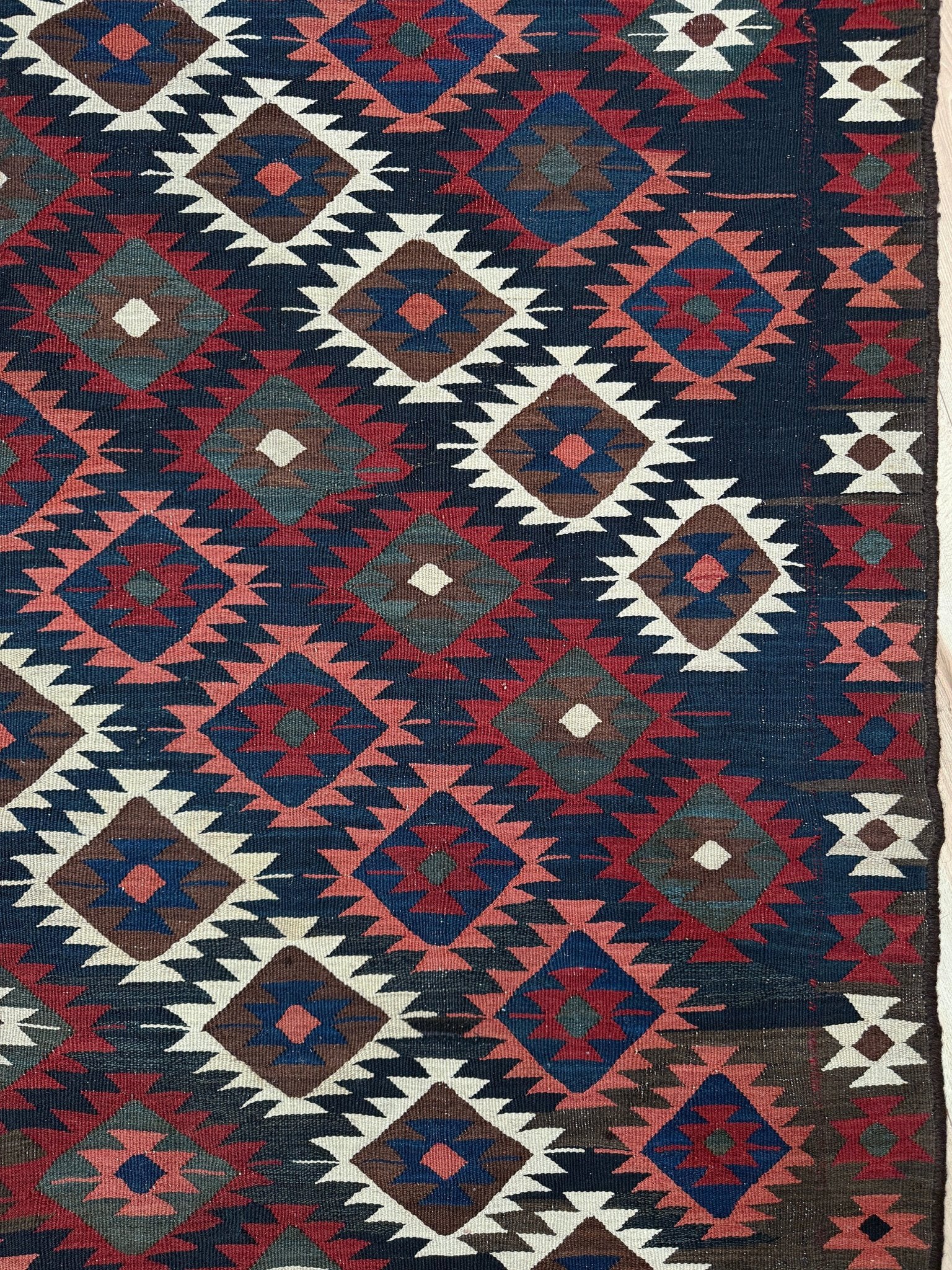 6x10 veramin vintage Persian kilim rug with bold geometric design in midnight blue, brick red, and ivory, handmade wool flatweave from 1950s, perfect for bedroom, living room, kitchen, or study, from best rug shop Burlingame SF Bay Area, free shipping included.