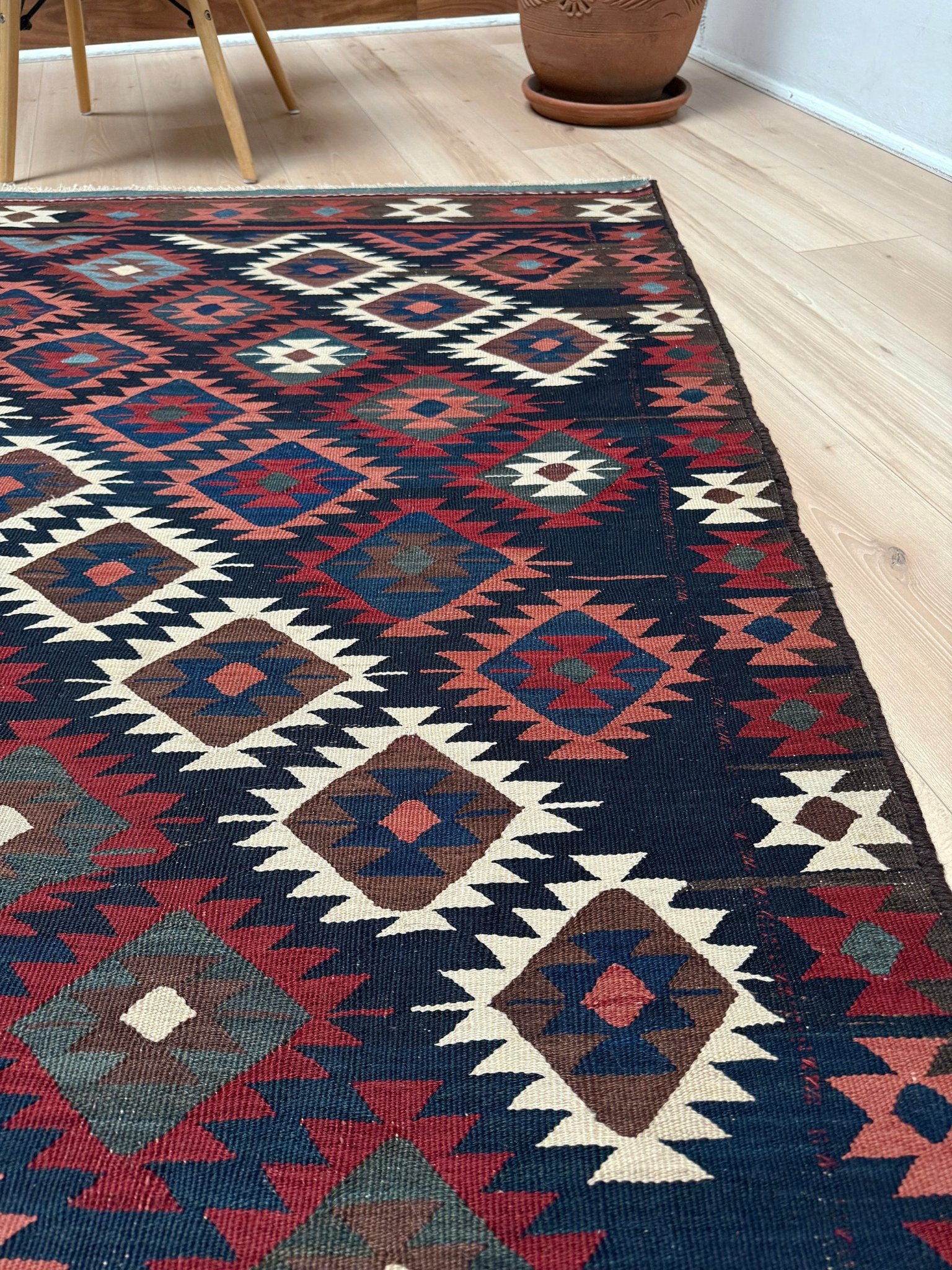 6x10 veramin vintage Persian kilim rug with bold geometric design in midnight blue, brick red, and ivory, handmade wool flatweave from 1950s, perfect for bedroom, living room, kitchen, or study, from best rug shop Burlingame SF Bay Area, free shipping included.