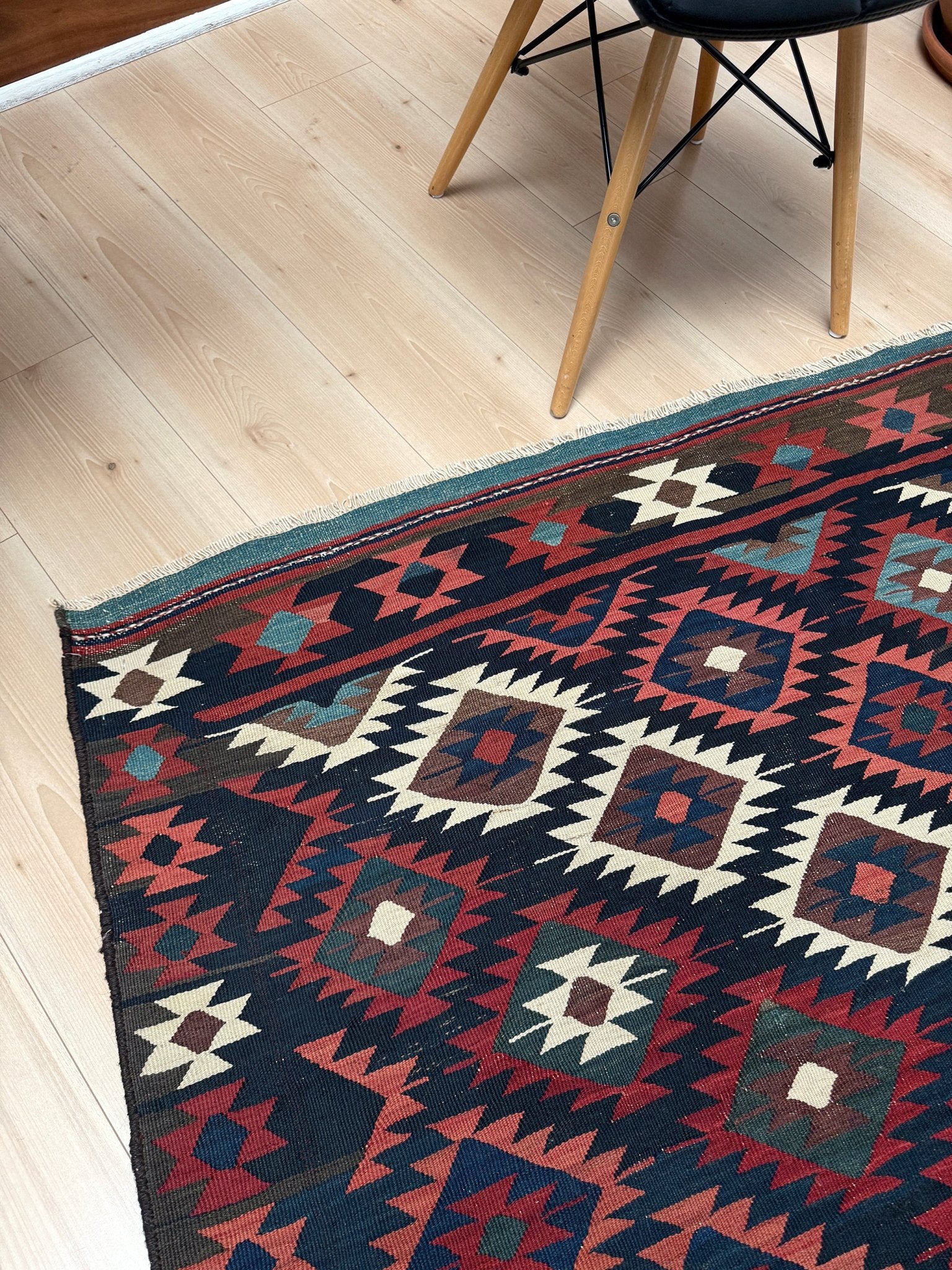 6x10 veramin vintage Persian kilim rug with bold geometric design in midnight blue, brick red, and ivory, handmade wool flatweave from 1950s, perfect for bedroom, living room, kitchen, or study, from best rug shop Burlingame SF Bay Area, free shipping included.