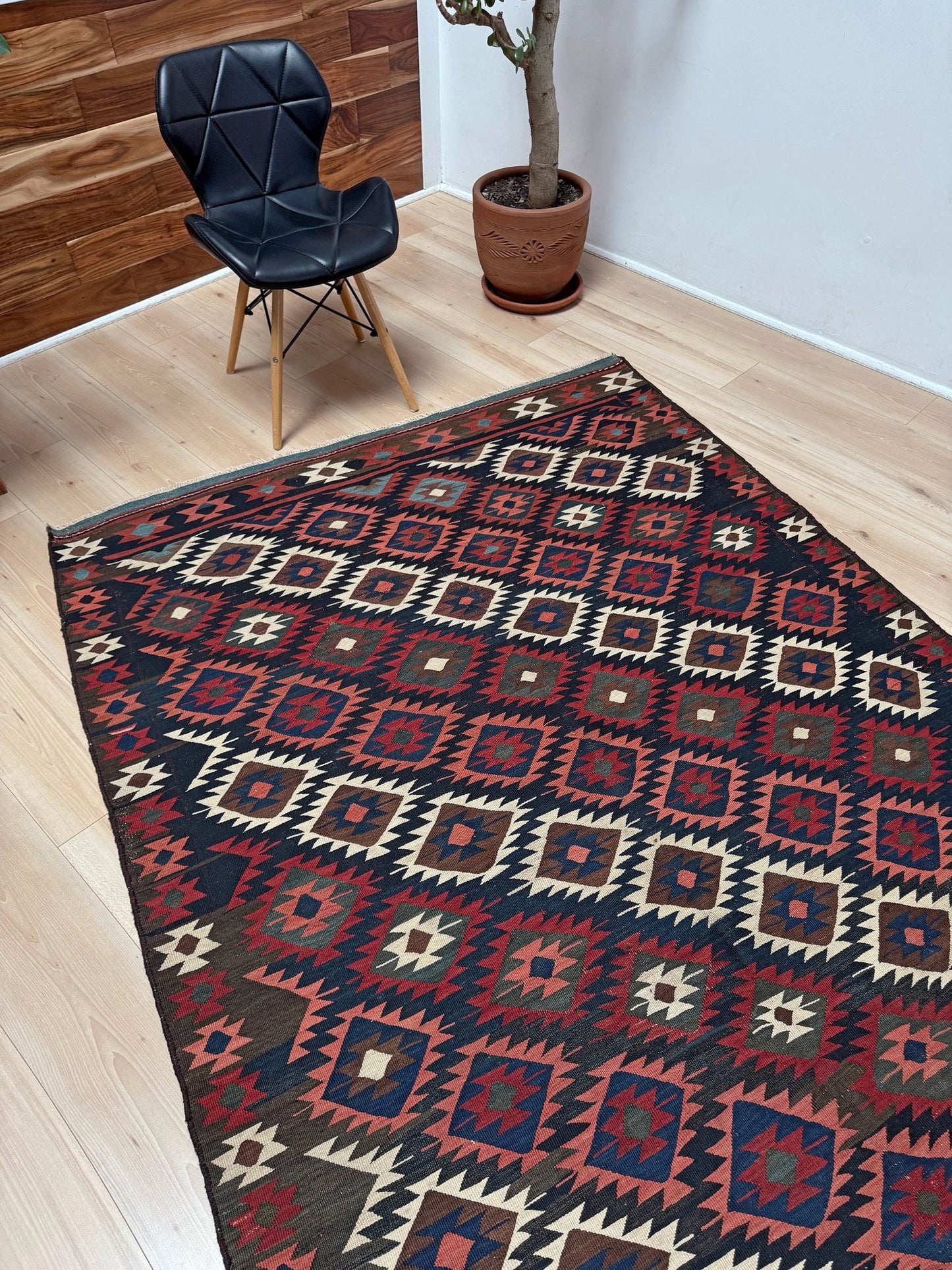 6x10 veramin vintage Persian kilim rug with bold geometric design in midnight blue, brick red, and ivory, handmade wool flatweave from 1950s, perfect for bedroom, living room, kitchen, or study, from best rug shop Burlingame SF Bay Area, free shipping included.