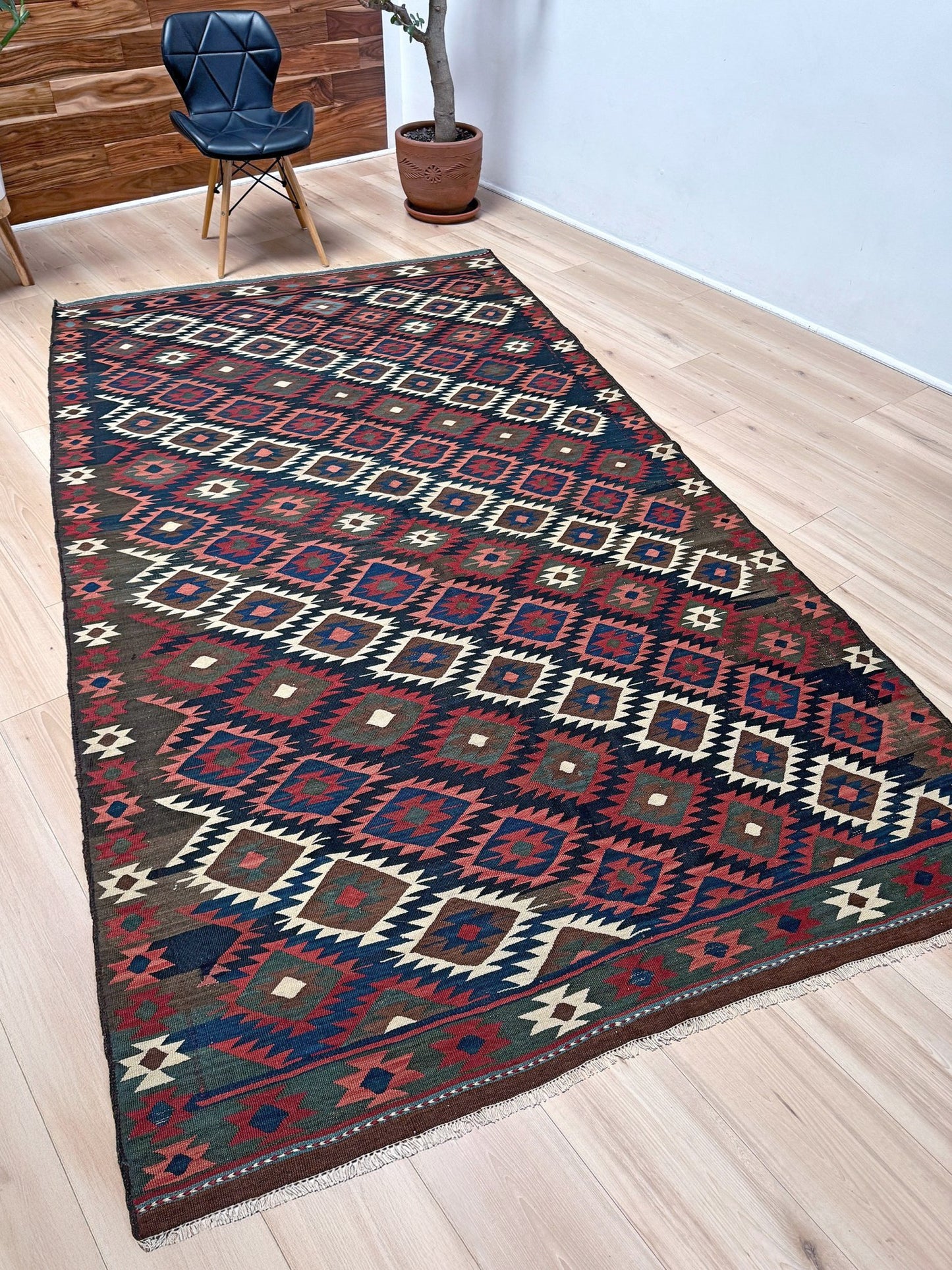 6x10 veramin vintage Persian kilim rug with bold geometric design in midnight blue, brick red, and ivory, handmade wool flatweave from 1950s, perfect for bedroom, living room, kitchen, or study, from best rug shop Burlingame SF Bay Area, free shipping included.