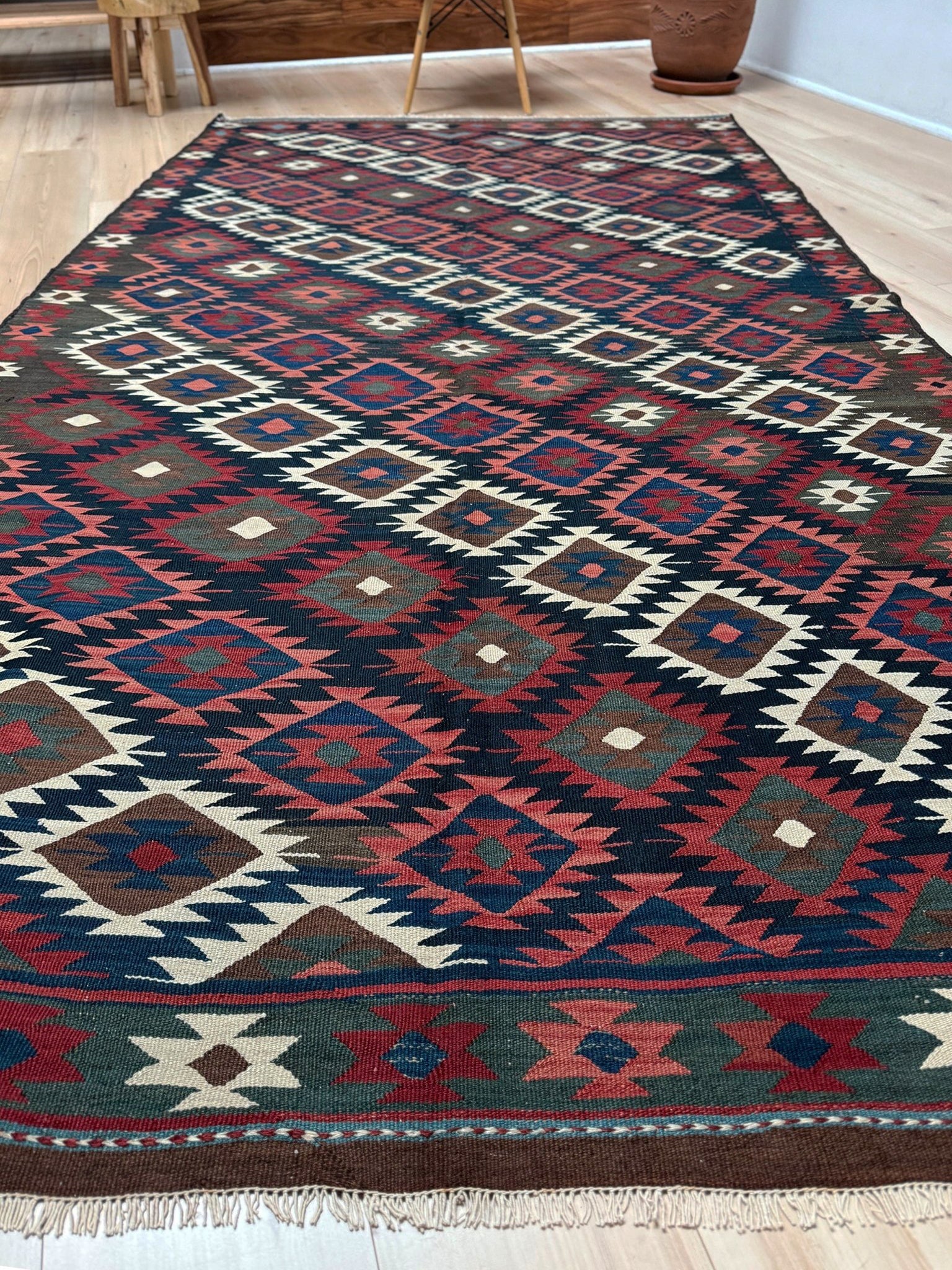 6x10 veramin vintage Persian kilim rug with bold geometric design in midnight blue, brick red, and ivory, handmade wool flatweave from 1950s, perfect for bedroom, living room, kitchen, or study, from best rug shop Burlingame SF Bay Area, free shipping included.