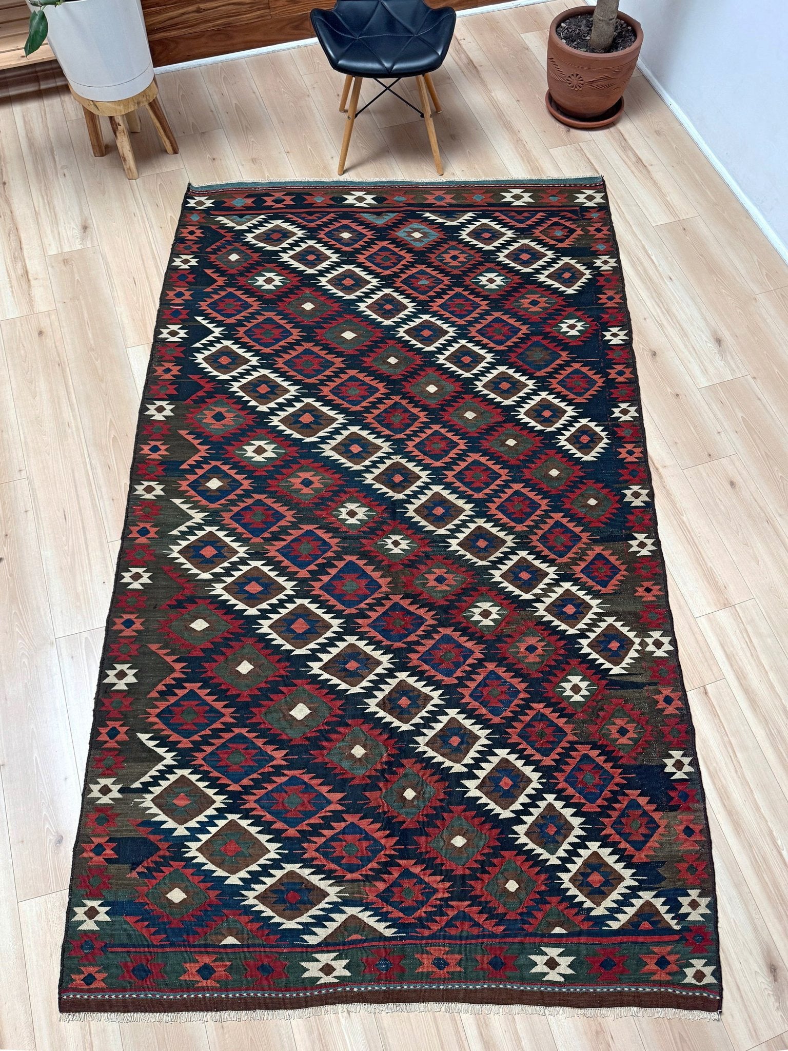 6x10 veramin vintage Persian kilim rug with bold geometric design in midnight blue, brick red, and ivory, handmade wool flatweave from 1960s, perfect for bedroom, living room, kitchen, or study, from best rug shop San Mateo SF Bay Area, free shipping included.