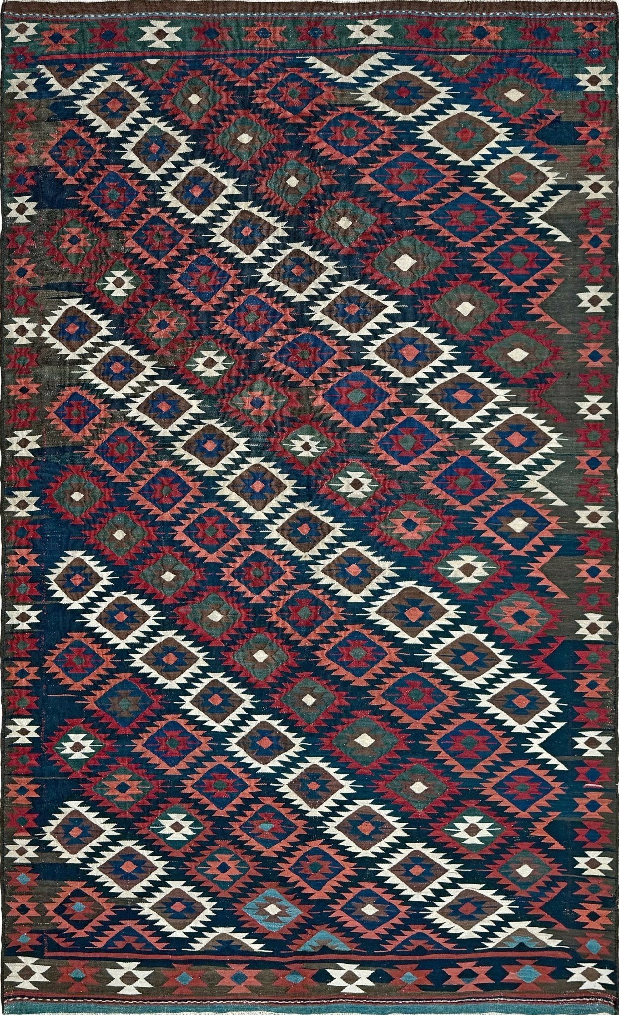 6x10 veramin vintage Persian kilim rug with bold geometric design in midnight blue, brick red, and ivory, handmade wool flatweave from 1960s, perfect for bedroom, living room, kitchen, or study, from best rug shop San Mateo SF Bay Area, free shipping included.