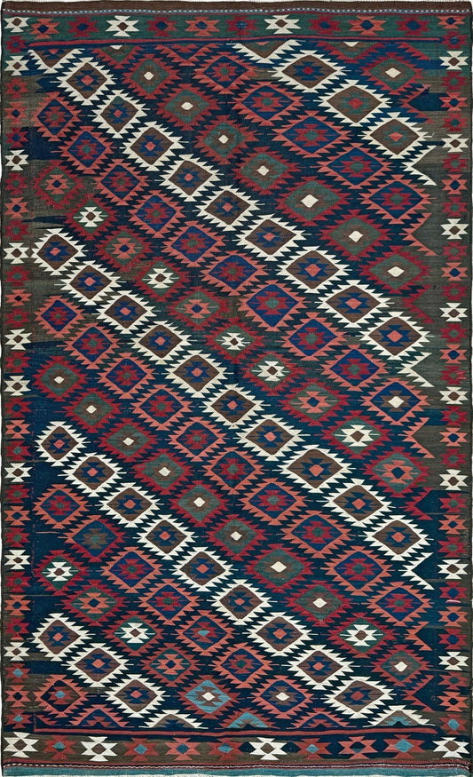 6x10 veramin vintage Persian kilim rug with bold geometric design in midnight blue, brick red, and ivory, handmade wool flatweave from 1960s, perfect for bedroom, living room, kitchen, or study, from best rug shop San Mateo SF Bay Area, free shipping included.