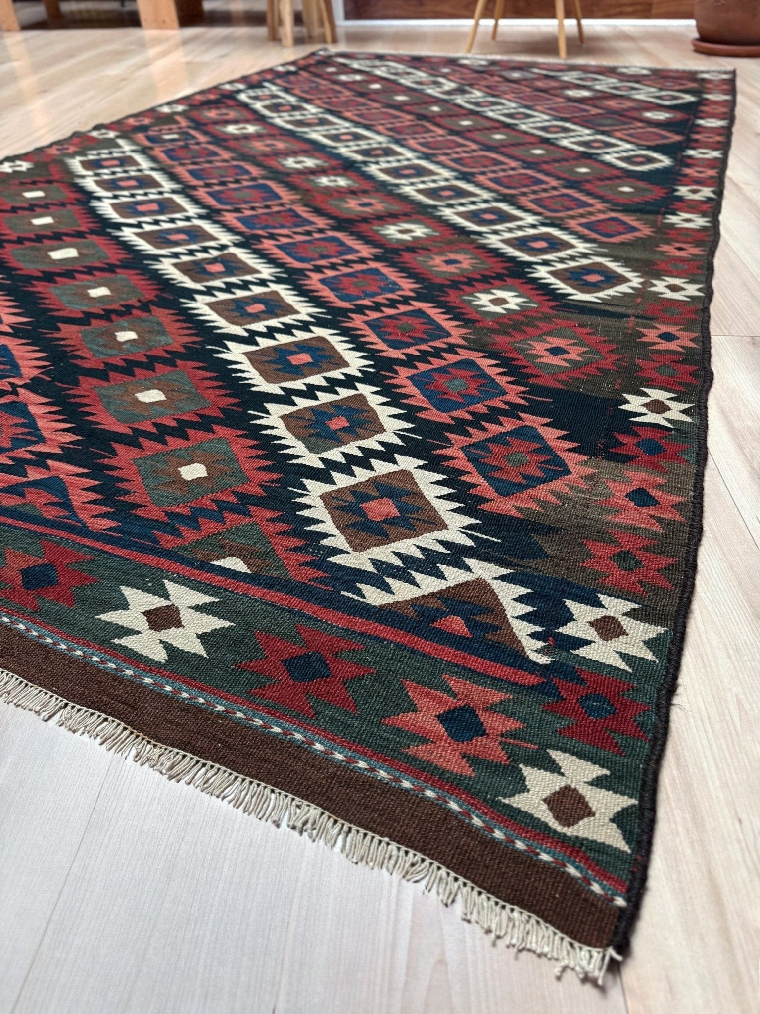 6x10 veramin vintage Persian kilim rug with bold geometric design in midnight blue, brick red, and ivory, handmade wool flatweave from 1950s, perfect for bedroom, living room, kitchen, or study, from best rug shop Burlingame SF Bay Area, free shipping included.