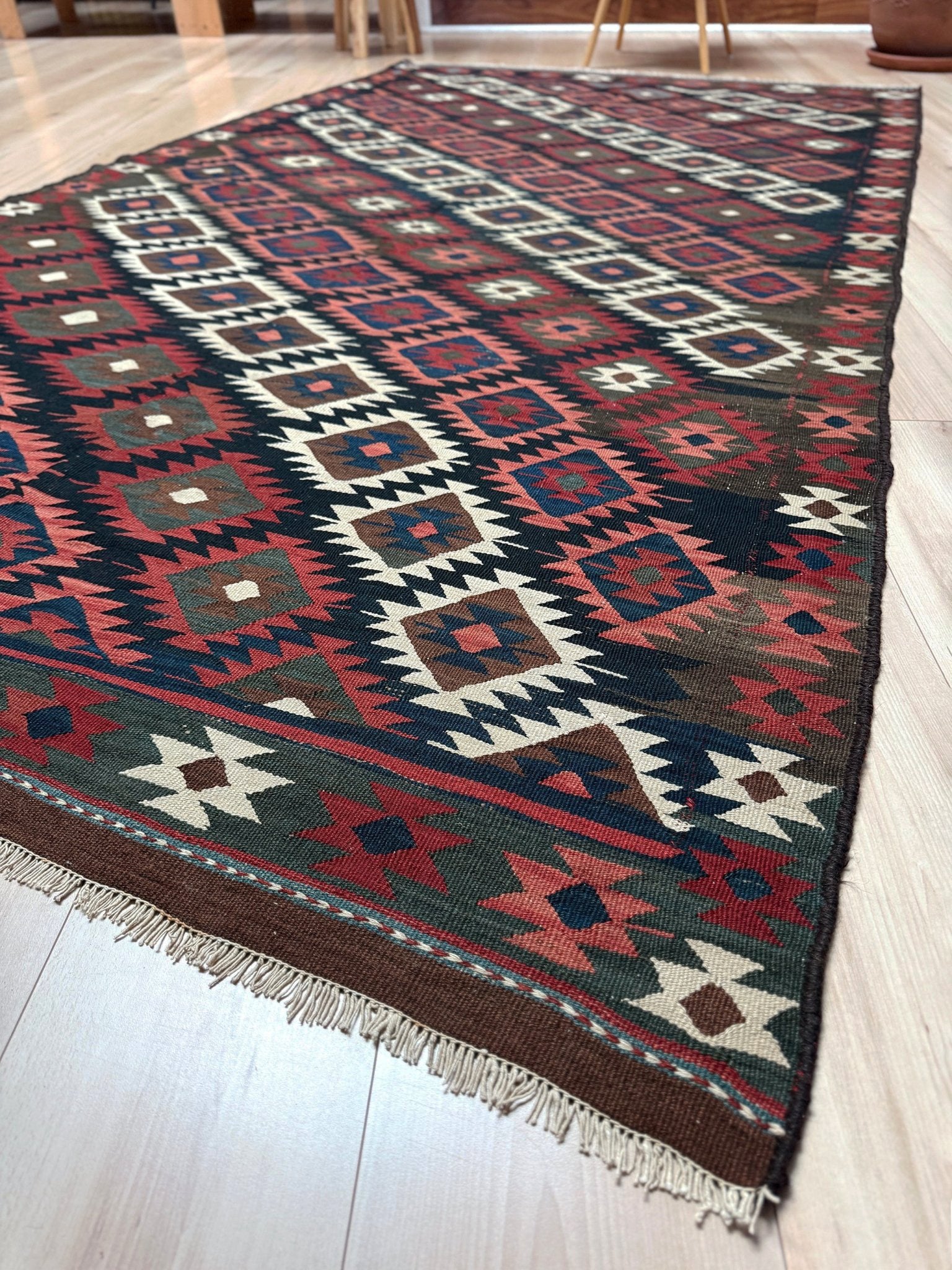 6x10 veramin vintage Persian kilim rug with bold geometric design in midnight blue, brick red, and ivory, handmade wool flatweave from 1950s, perfect for bedroom, living room, kitchen, or study, from best rug shop Burlingame SF Bay Area, free shipping included.