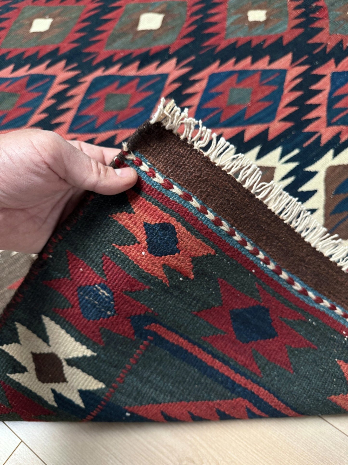 6x10 veramin vintage Persian kilim rug with bold geometric design in midnight blue, brick red, and ivory, handmade wool flatweave from 1950s, perfect for bedroom, living room, kitchen, or study, from best rug shop Burlingame SF Bay Area, free shipping included.