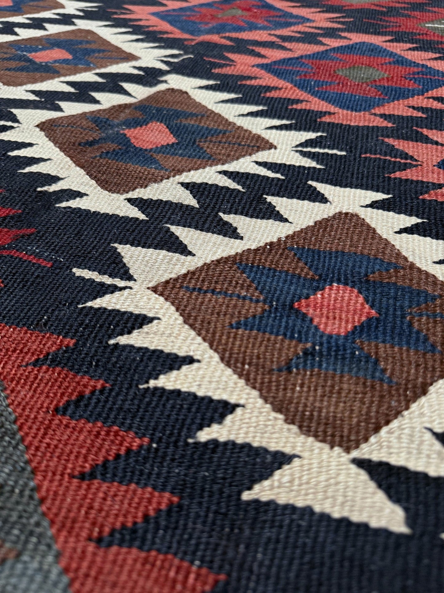 6x10 veramin vintage Persian kilim rug with bold geometric design in midnight blue, brick red, and ivory, handmade wool flatweave from 1960s, perfect for bedroom, living room, kitchen, or study, from best rug shop San Mateo SF Bay Area, free shipping included.