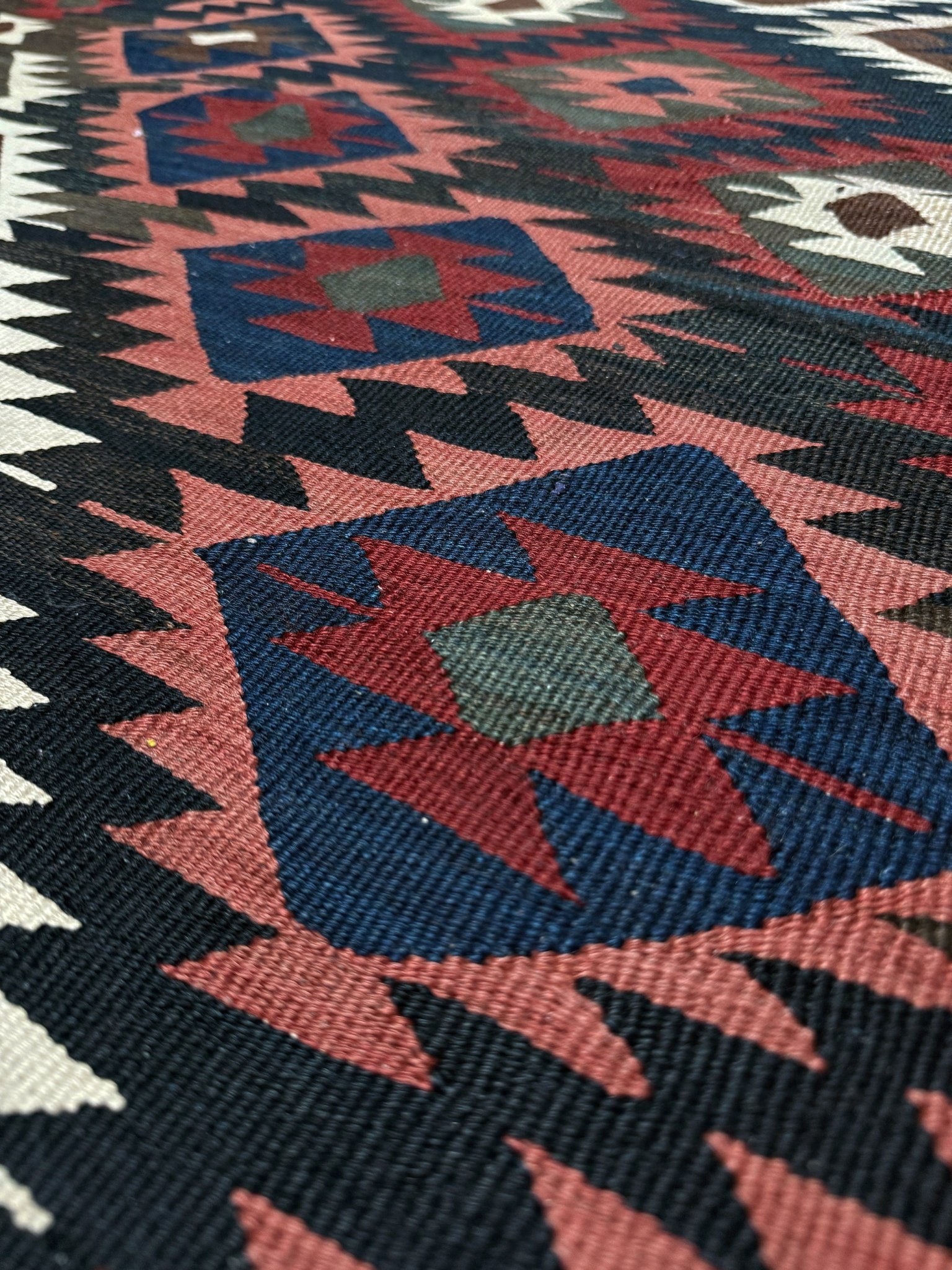 6x10 veramin vintage Persian kilim rug with bold geometric design in midnight blue, brick red, and ivory, handmade wool flatweave from 1950s, perfect for bedroom, living room, kitchen, or study, from best rug shop Burlingame SF Bay Area, free shipping included.